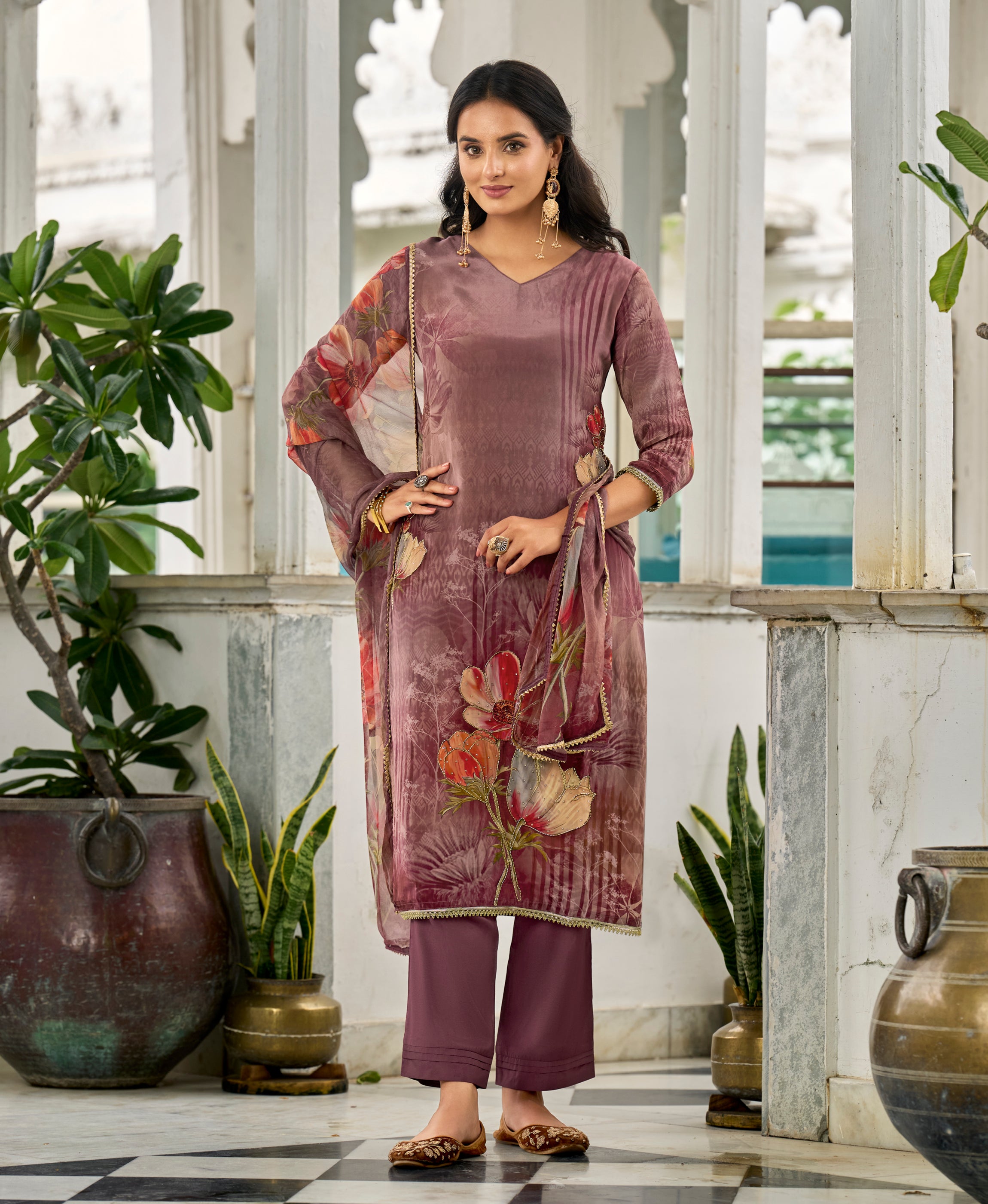Purple Pure Natural Crepe Straight Festive & Party Kurta Set by Her Couture