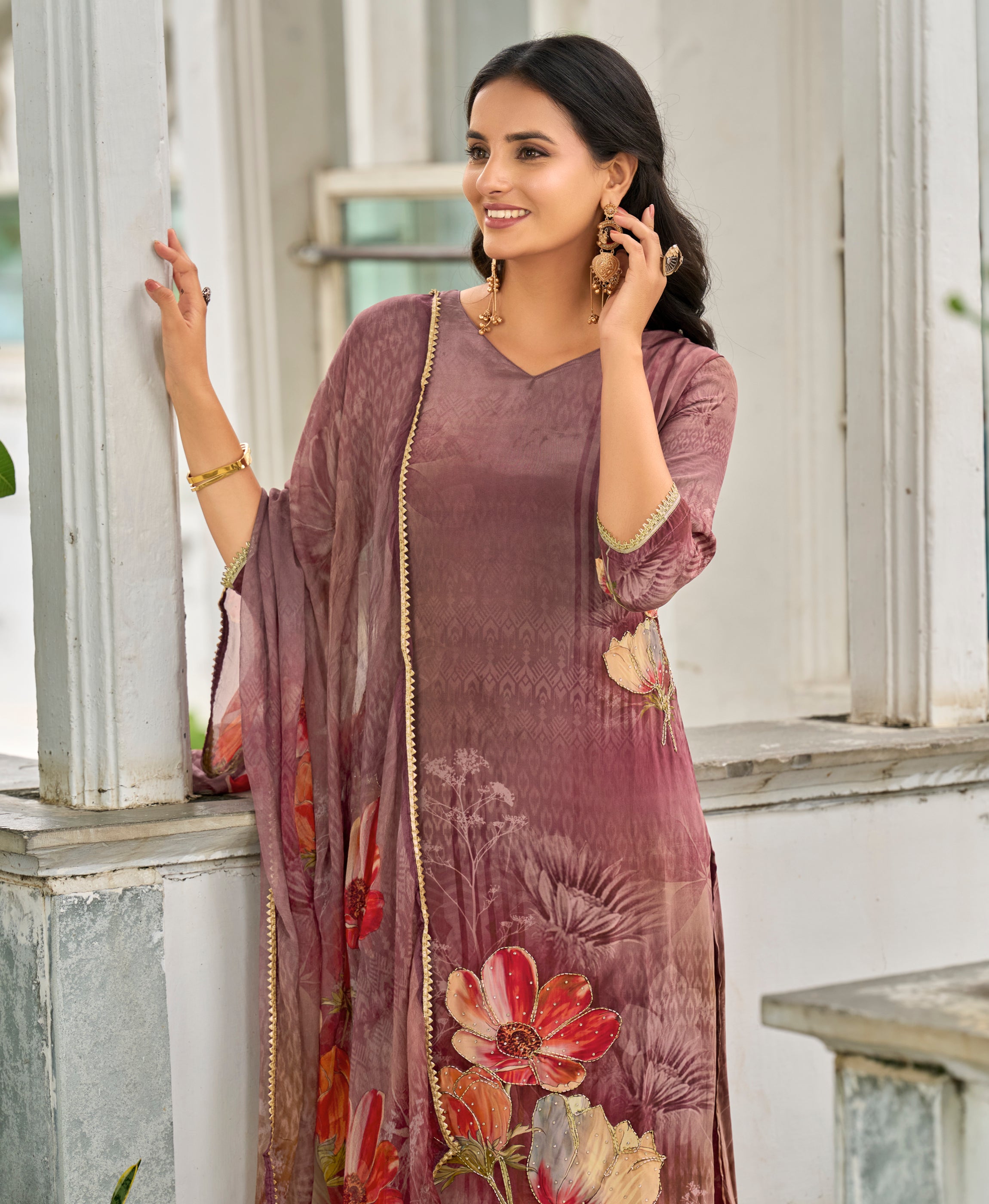 Her Couture Women's Purple Pure Natural Crepe Floral Printed Straight Kurta With Pant & Printed Dupatta