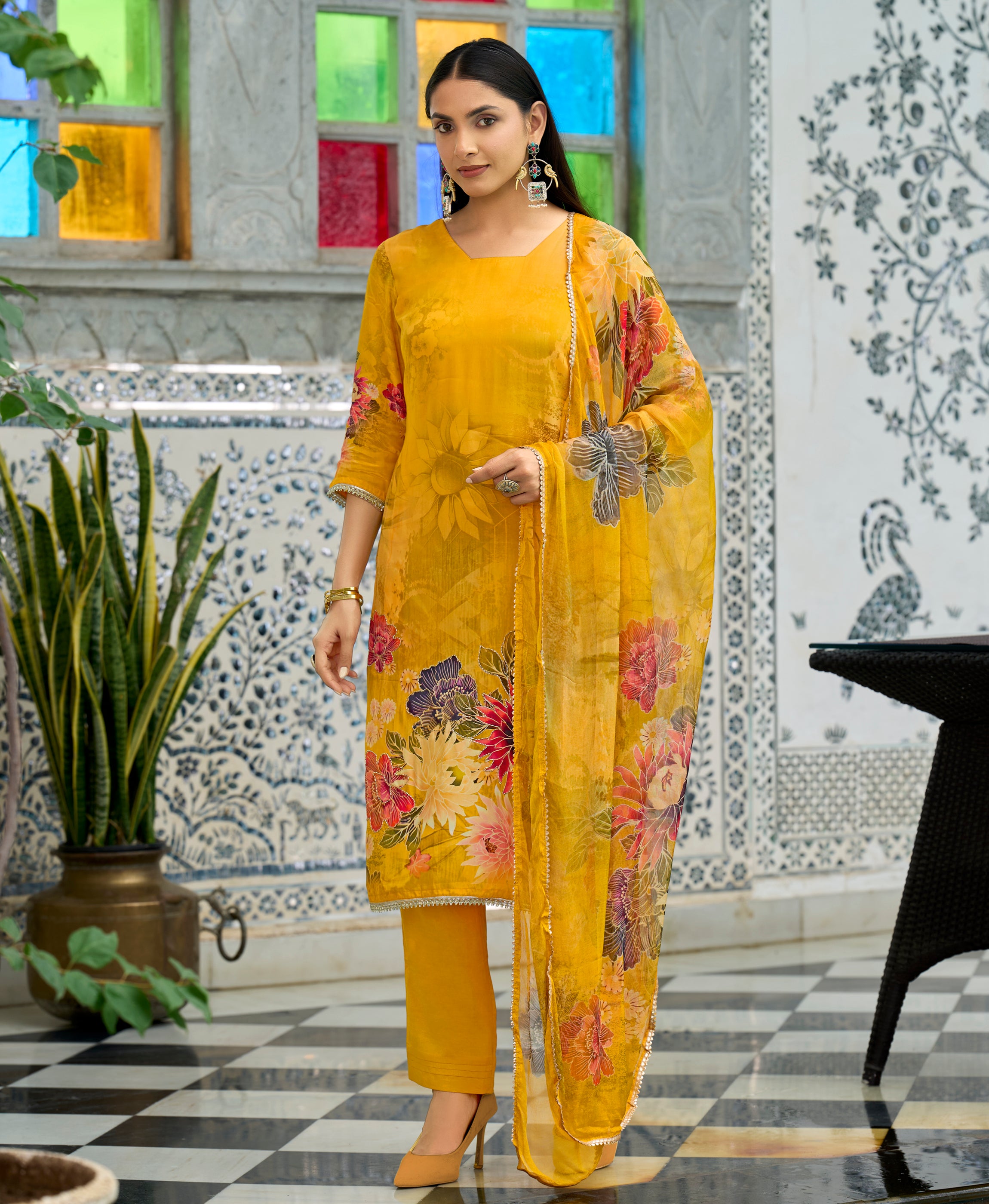 Mustard Pure Natural Crepe Straight Festive & Party Kurta Set by Her Couture