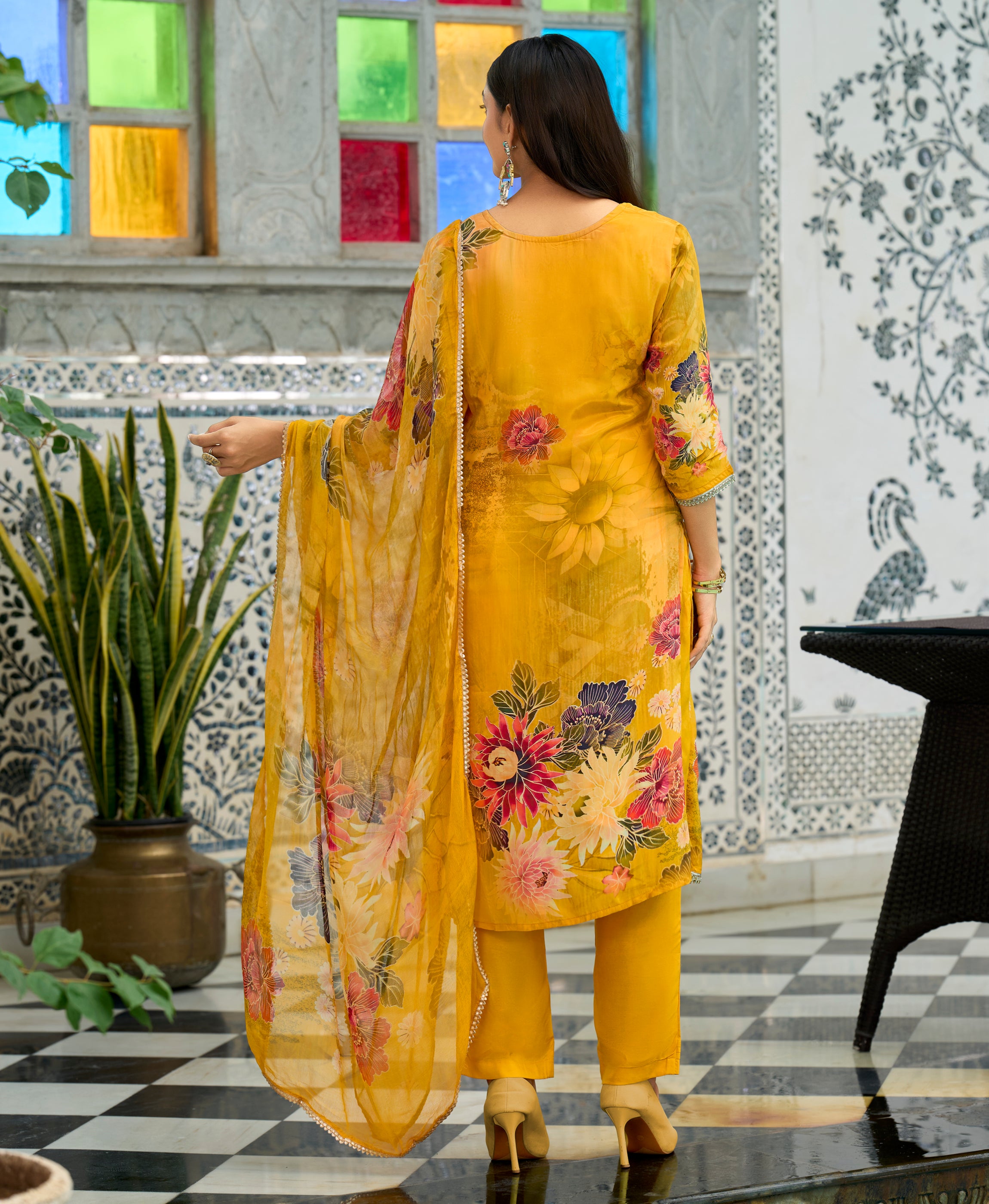 Her Couture Women's Mustard Pure Natural Crepe Floral Printed Straight Kurta With Pant & Printed Dupatta