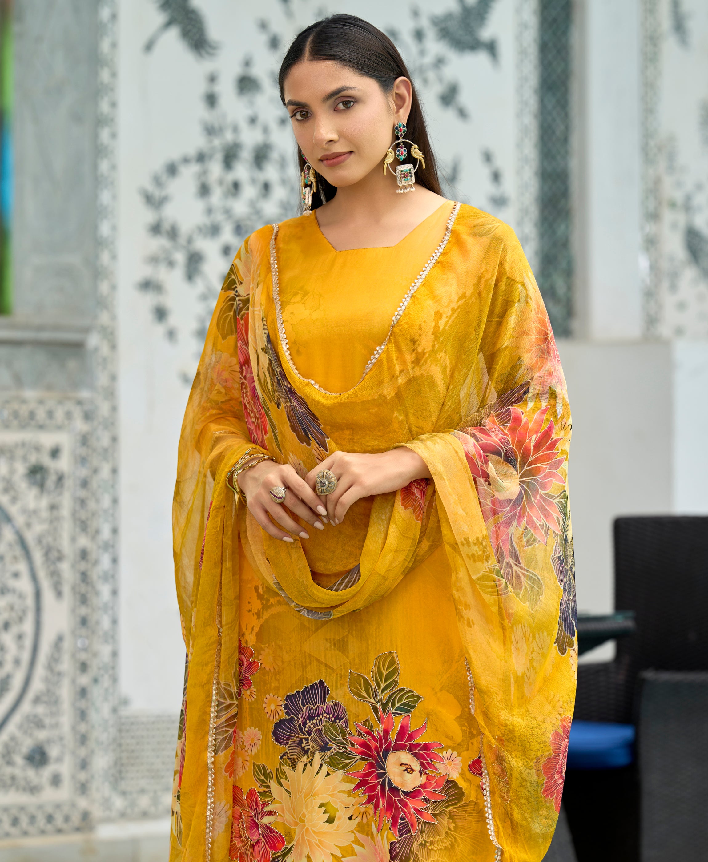 Her Couture Women's Mustard Pure Natural Crepe Floral Printed Straight Kurta With Pant & Printed Dupatta