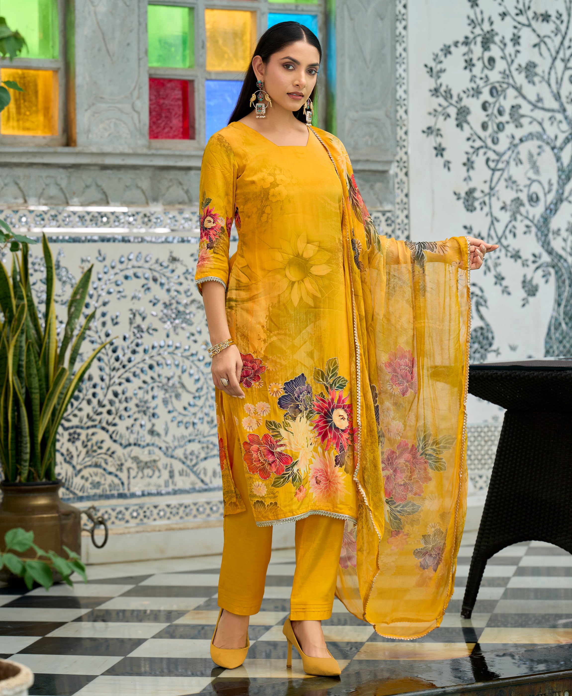 Her Couture Women's Mustard Pure Natural Crepe Floral Printed Straight Kurta With Pant & Printed Dupatta