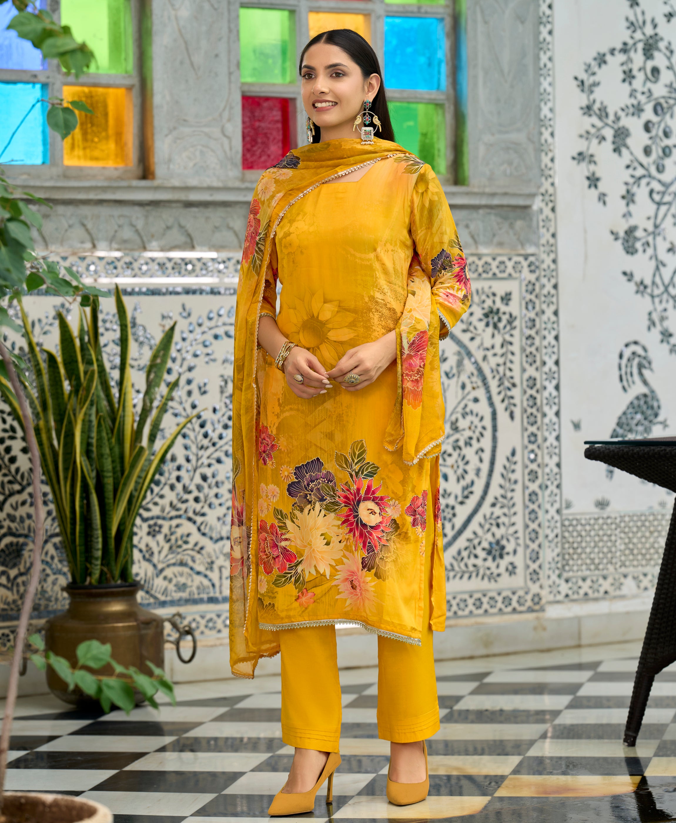 Her Couture Women's Mustard Pure Natural Crepe Floral Printed Straight Kurta With Pant & Printed Dupatta