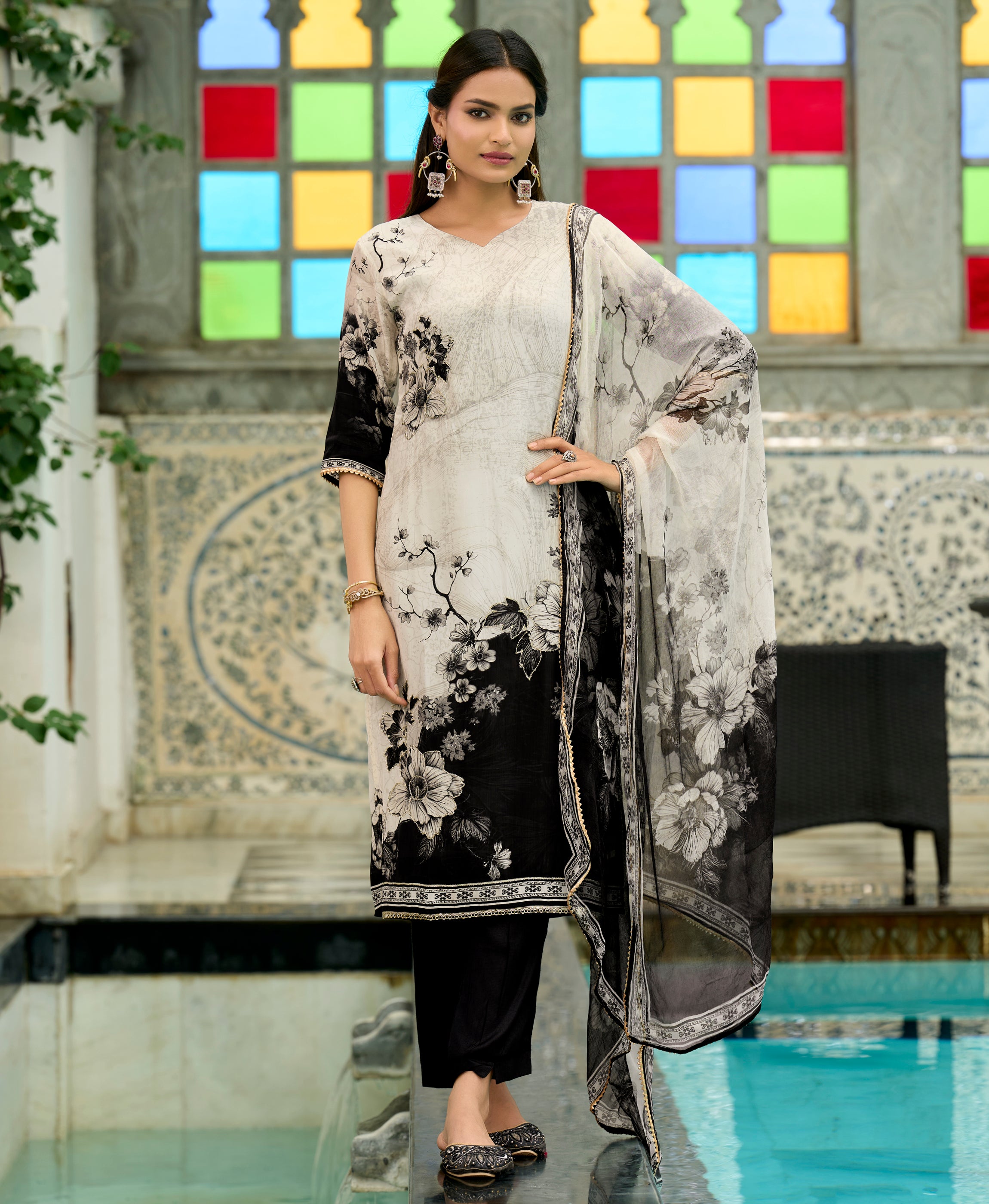 Off-White Pure Natural Crepe Straight Festive & Party Kurta Set by Her Couture