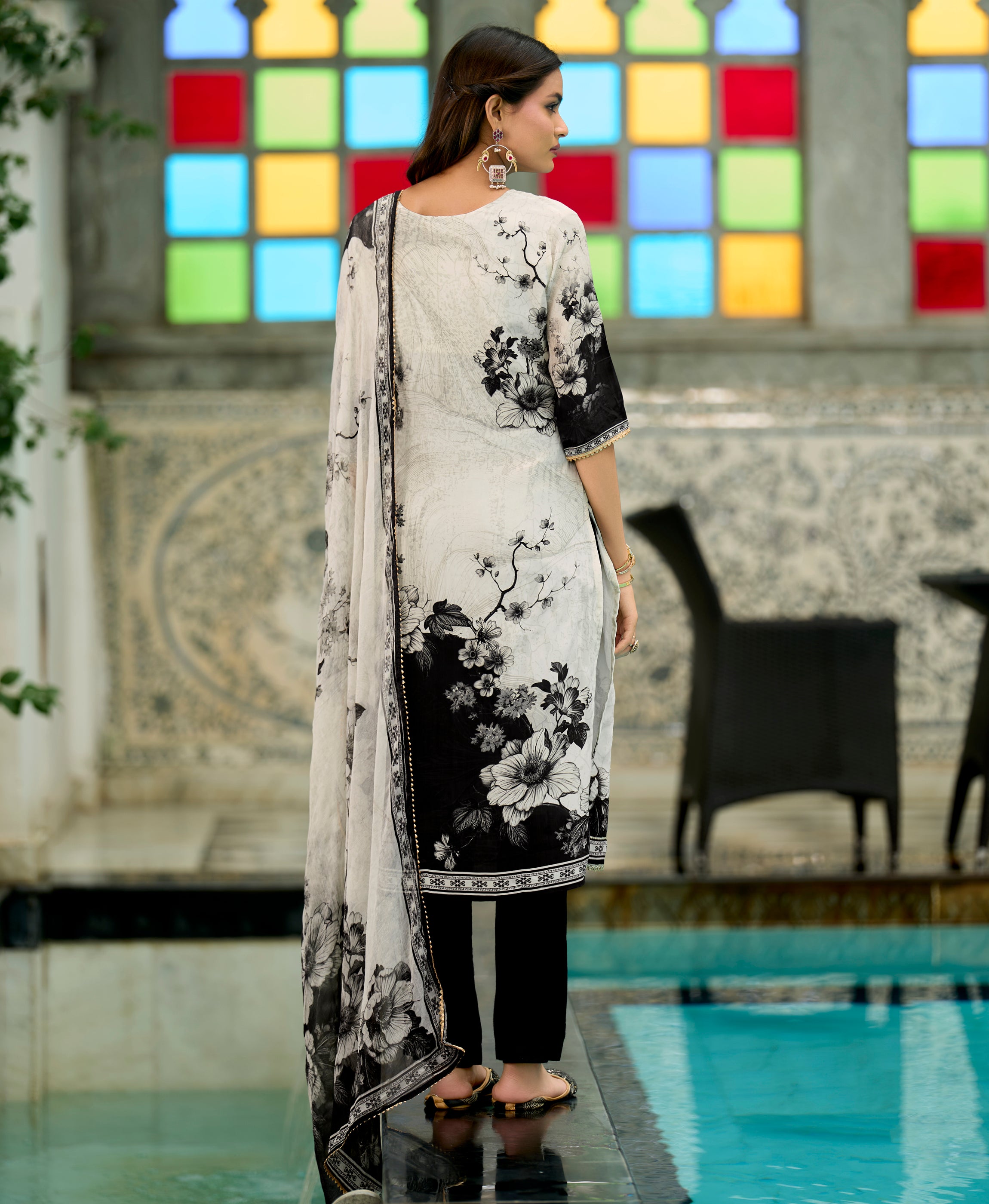 Her Couture Women's Off-White Pure Natural Crepe Floral Printed Straight Kurta With Pant & Printed Dupatta
