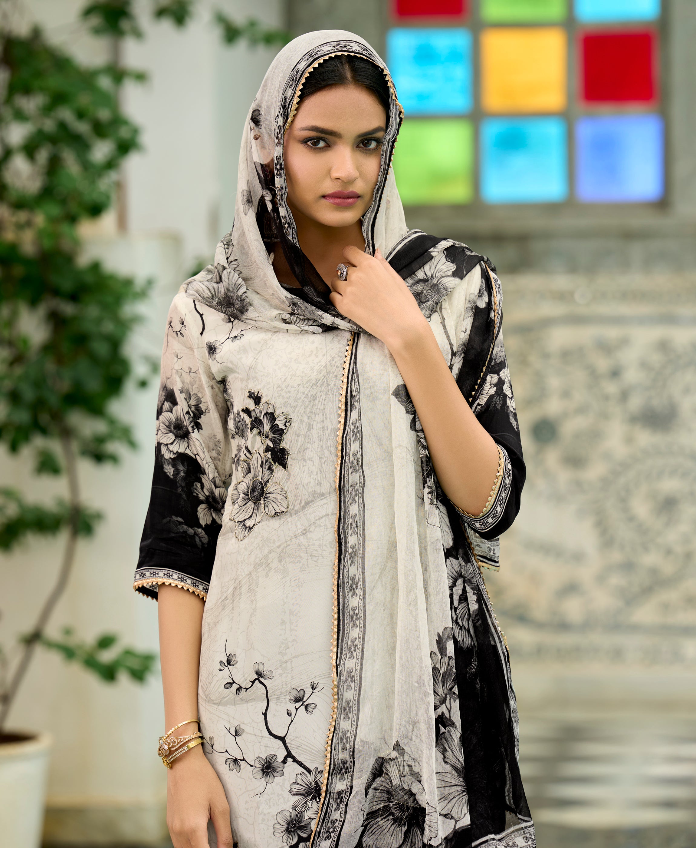 Her Couture Women's Off-White Pure Natural Crepe Floral Printed Straight Kurta With Pant & Printed Dupatta