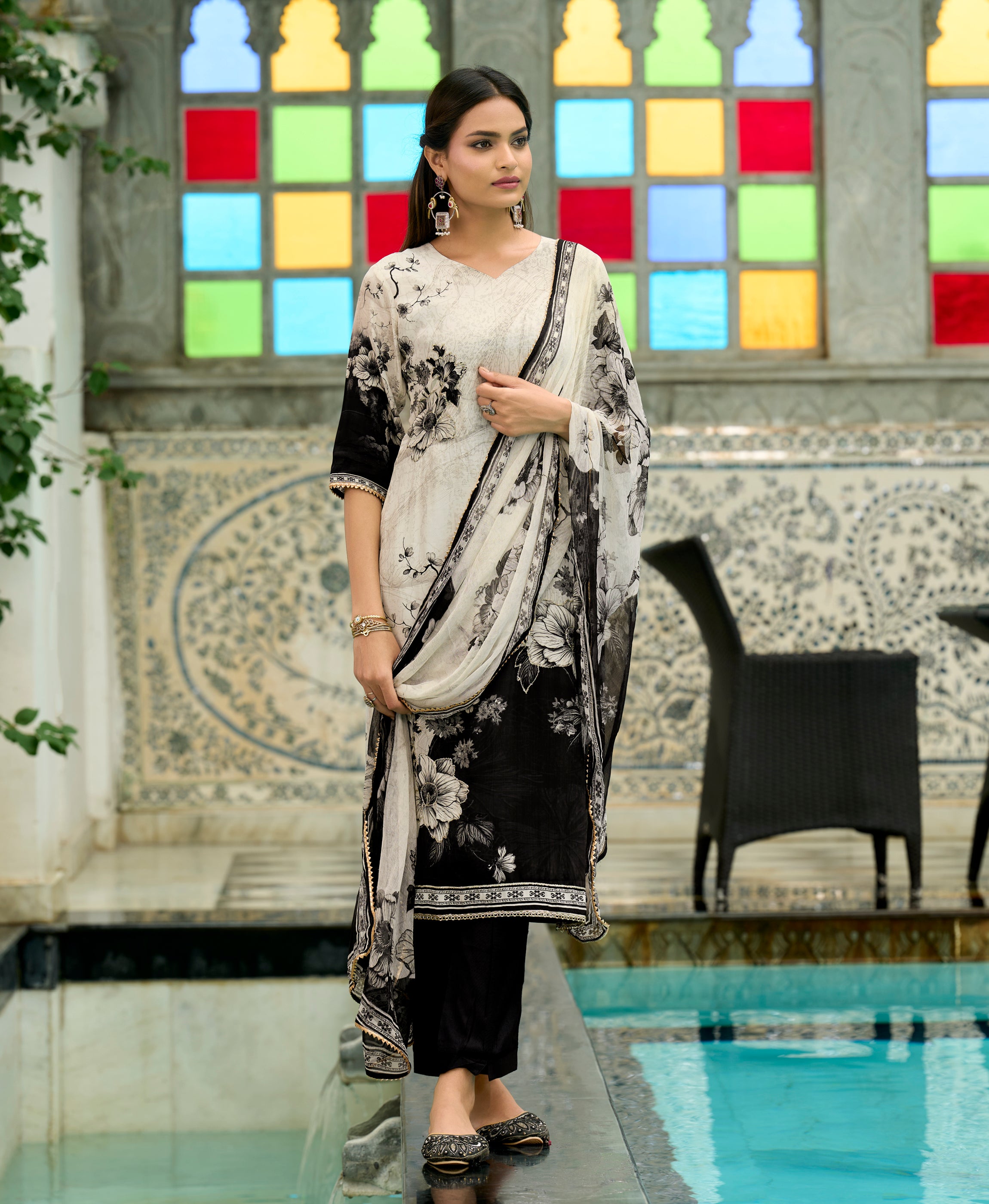 Her Couture Women's Off-White Pure Natural Crepe Floral Printed Straight Kurta With Pant & Printed Dupatta