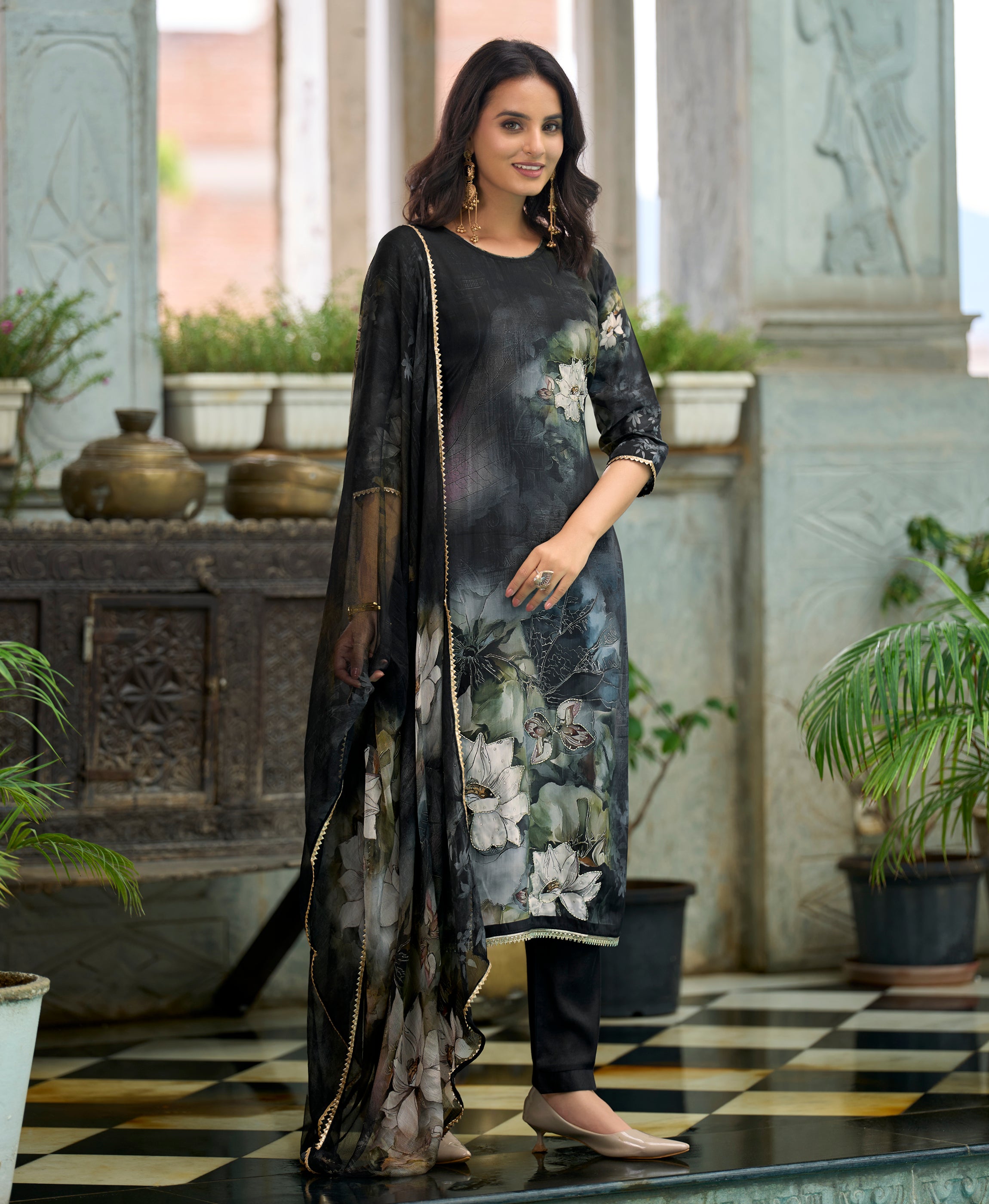 Her Couture Women's Black Pure Natural Crepe Floral Printed Straight Kurta With Pant & Printed Dupatta