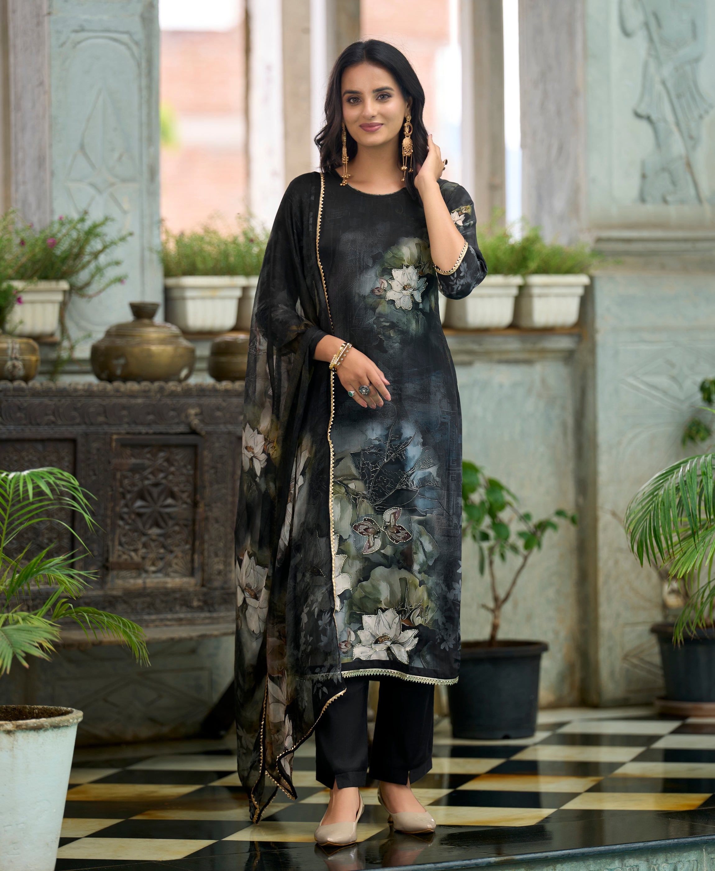 Her Couture Women's Black Pure Natural Crepe Floral Printed Straight Kurta With Pant & Printed Dupatta