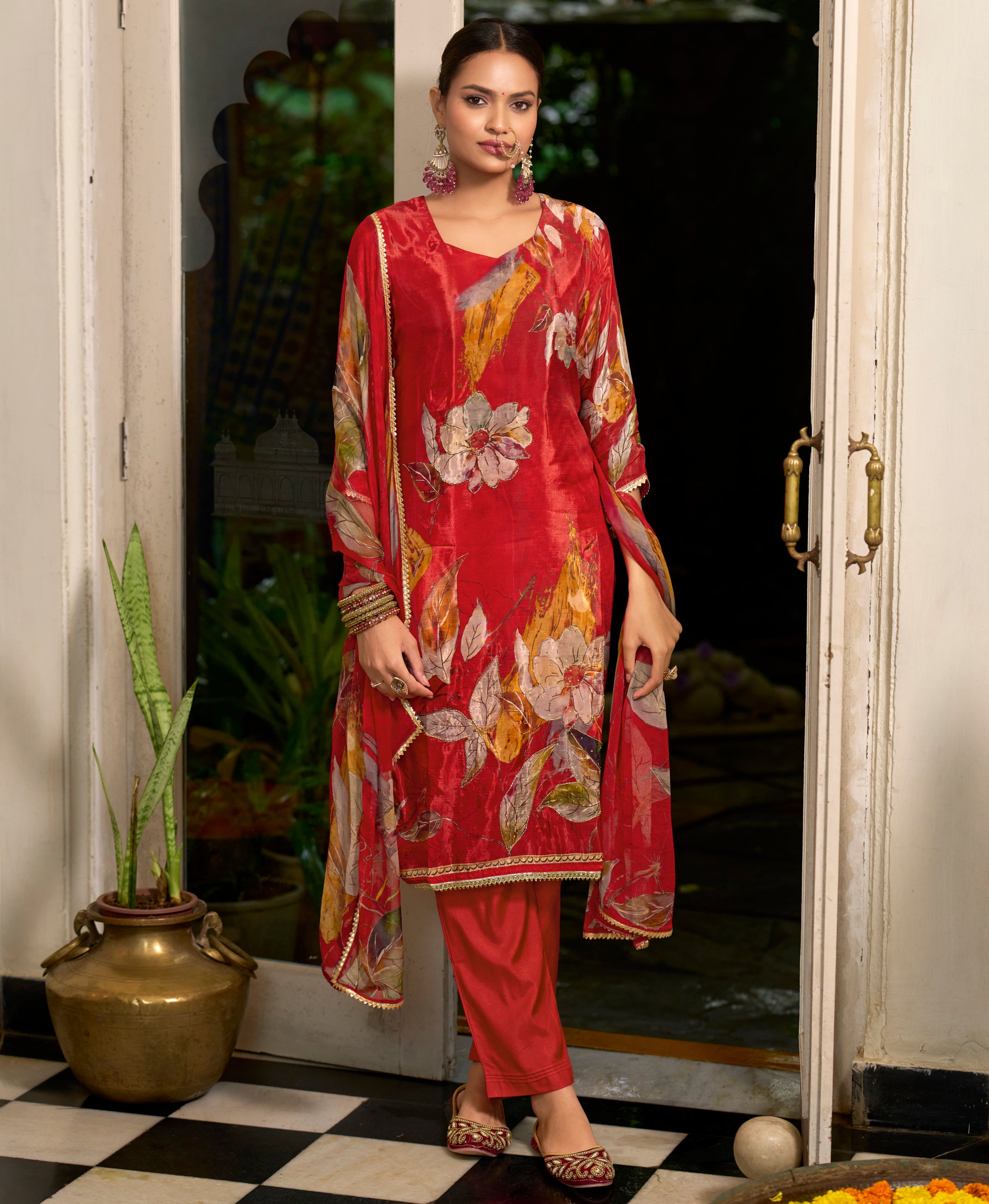 Red Pure HO Organza Straight Festive & Party Kurta Set by Her Couture