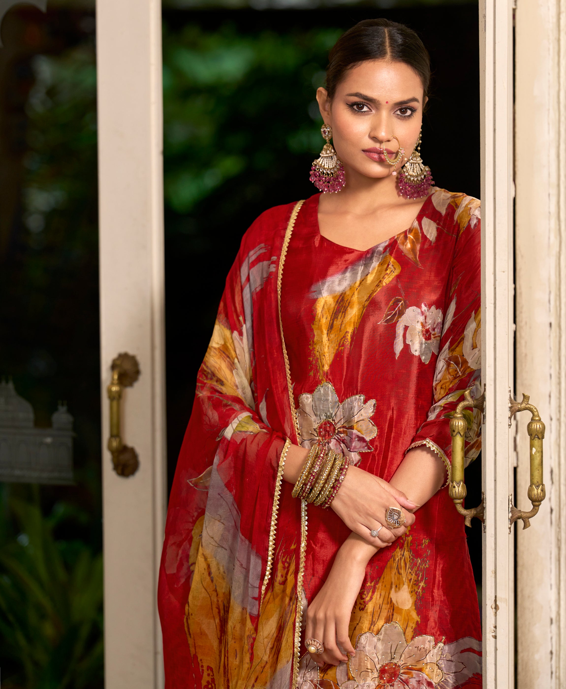 Her Couture Women's Red Pure HO Organza Floral Printed Straight Kurta With Pant & Printed Dupatta