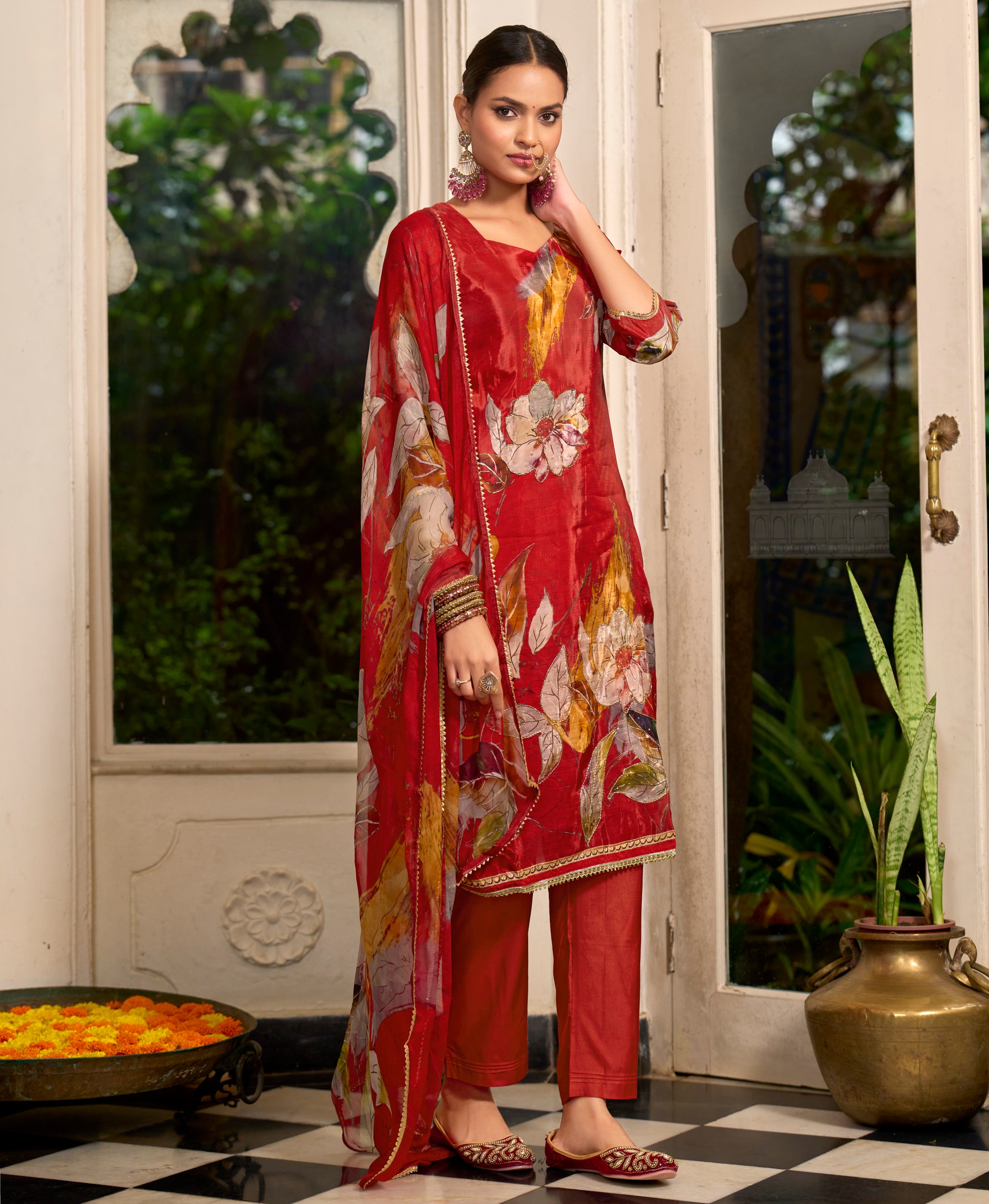 Her Couture Women's Red Pure HO Organza Floral Printed Straight Kurta With Pant & Printed Dupatta