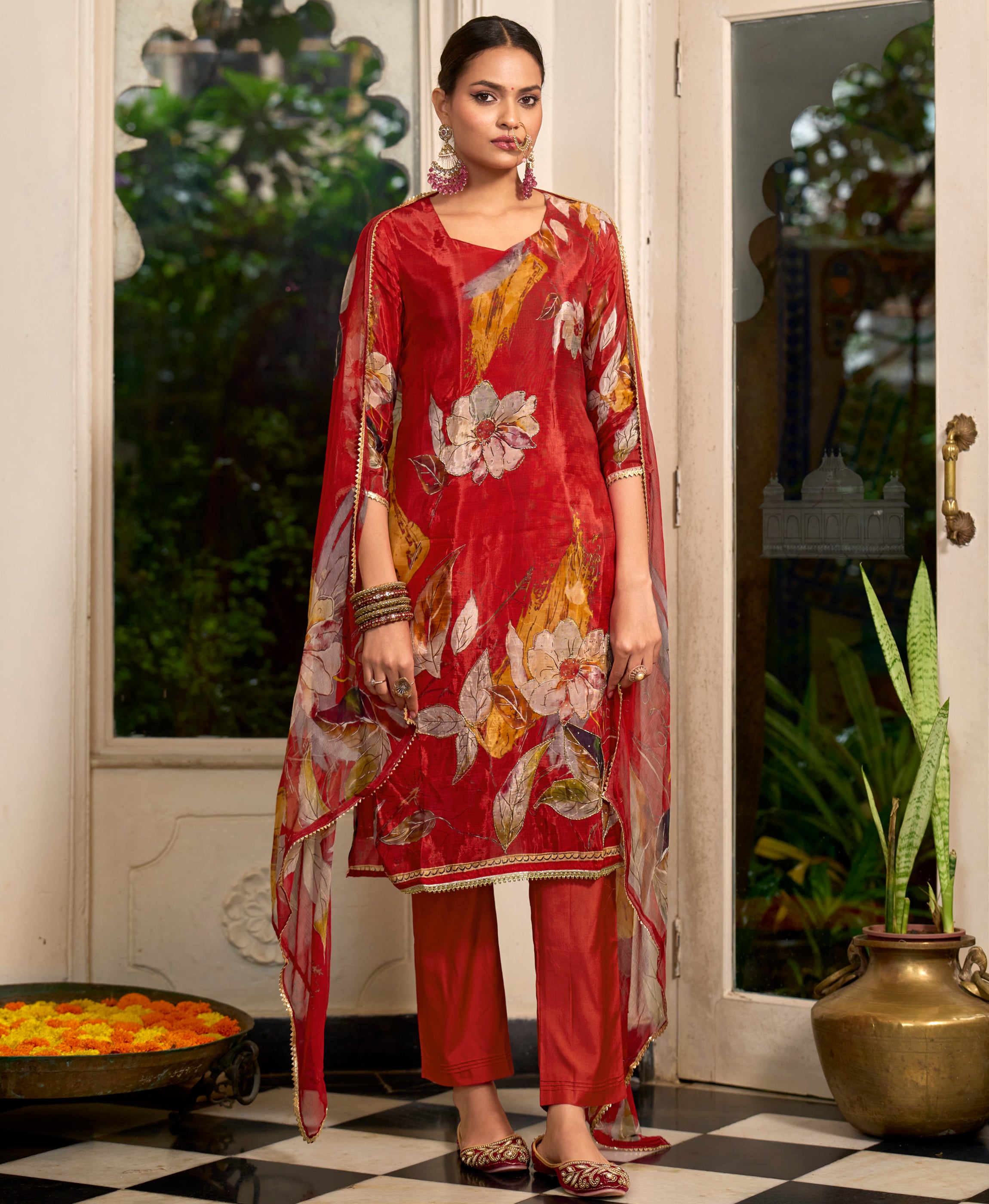 Her Couture Women's Red Pure HO Organza Floral Printed Straight Kurta With Pant & Printed Dupatta