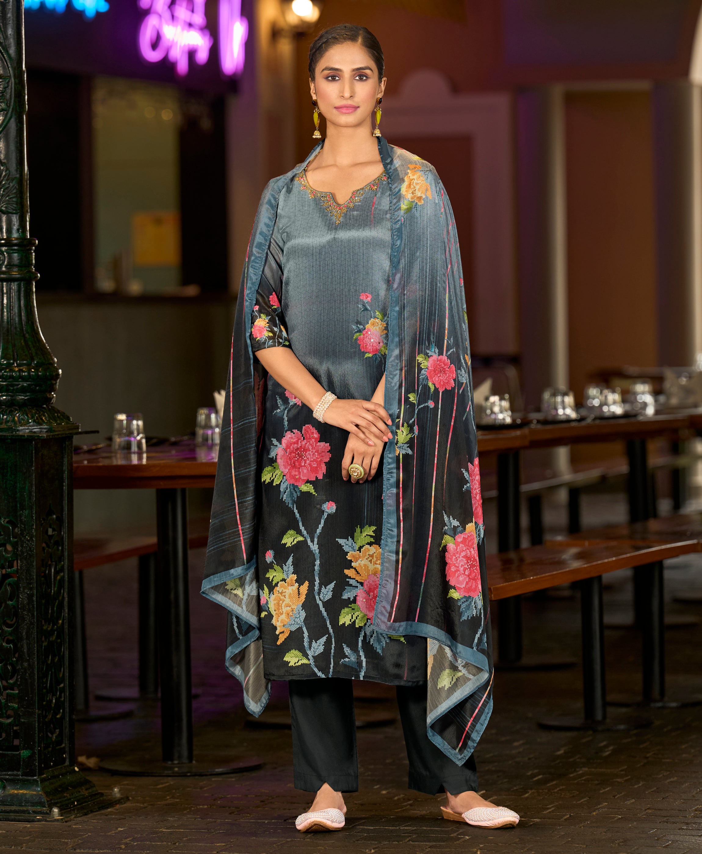 Grey Chinon Chiffon Straight Festive & Party Kurta Set by Her Couture