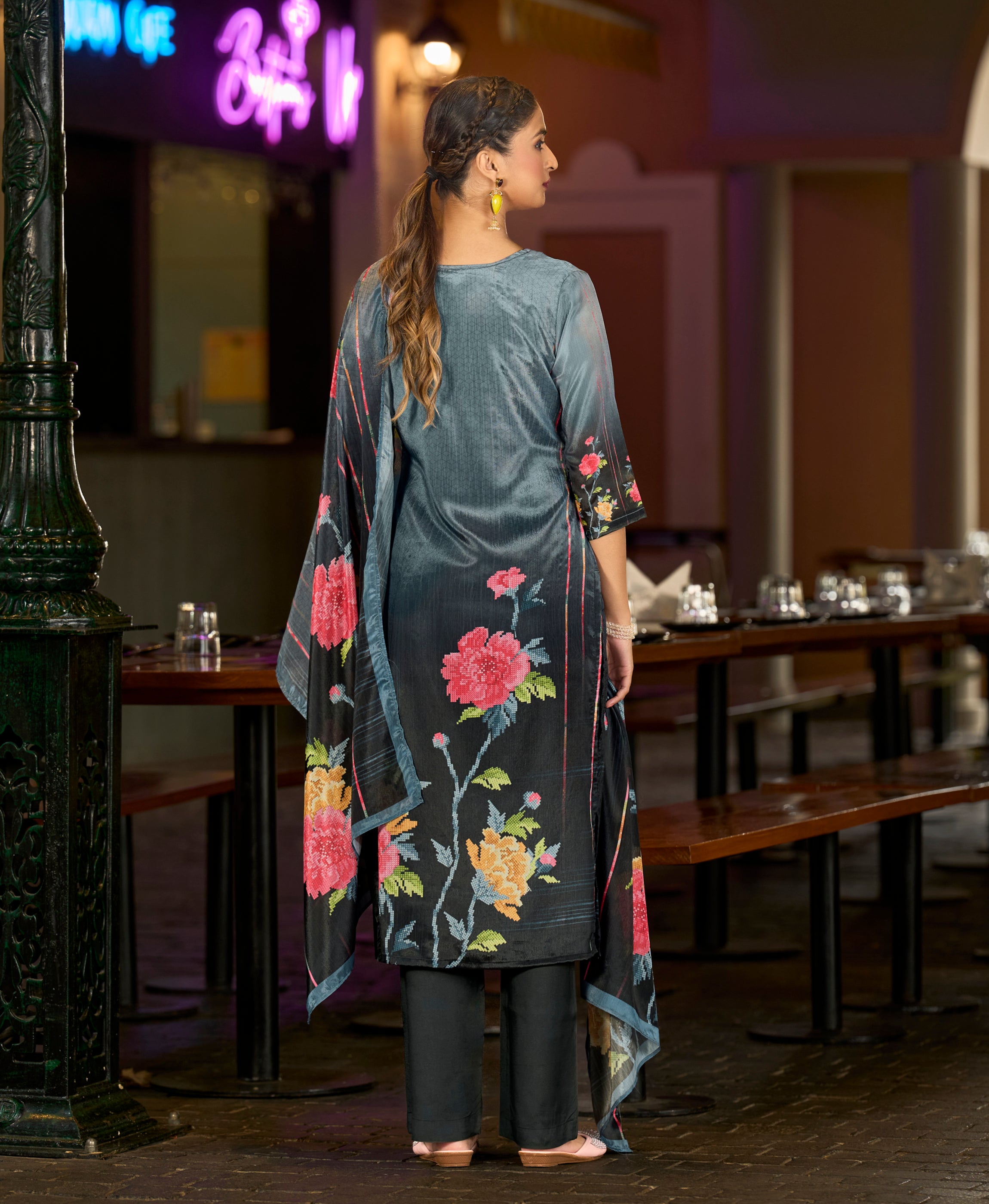 Her Couture Women's Grey Chinon Chiffon Floral Printed Straight Kurta With Comfort Fitting Pant & Printed Dupatta