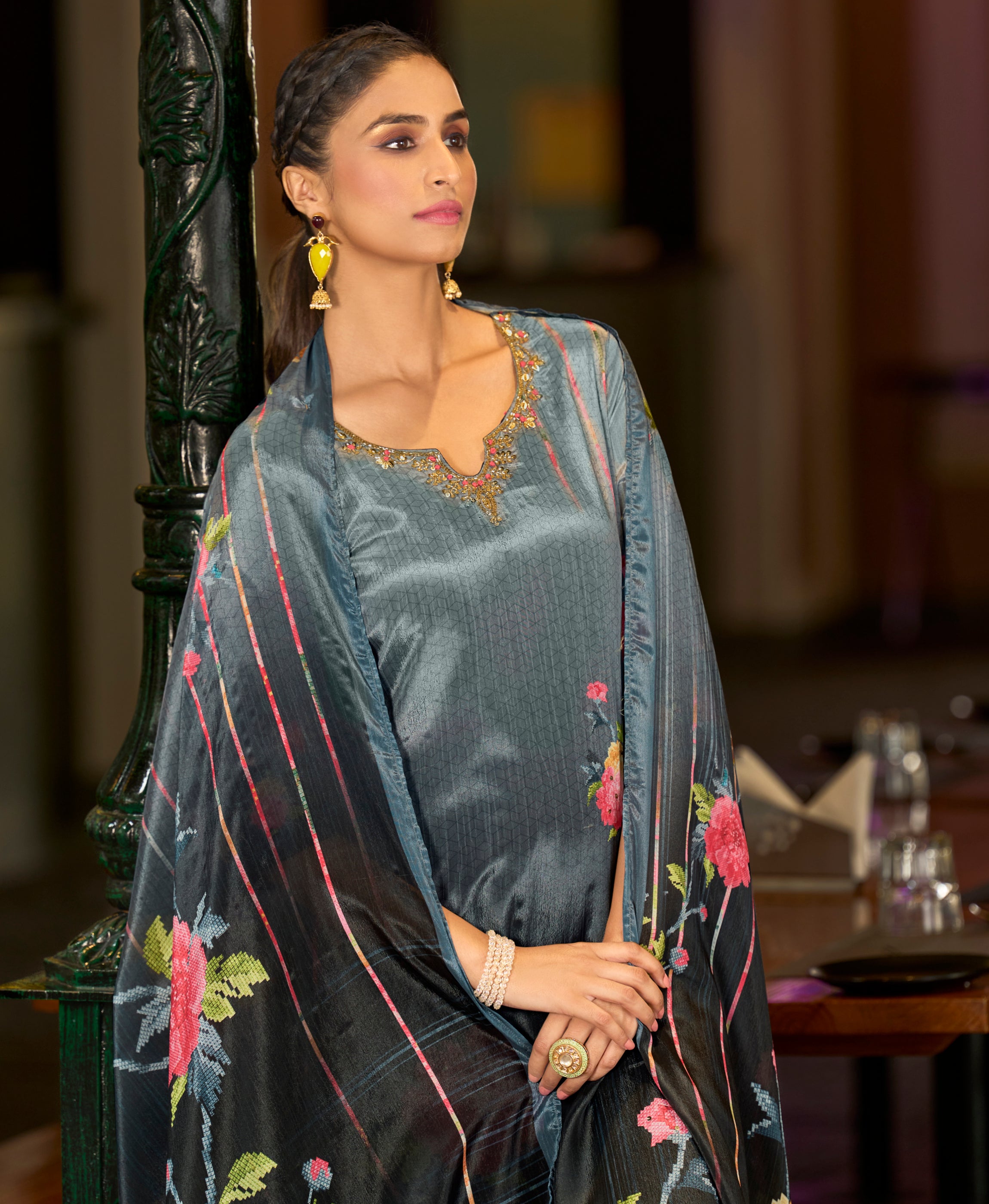 Her Couture Women's Grey Chinon Chiffon Floral Printed Straight Kurta With Comfort Fitting Pant & Printed Dupatta