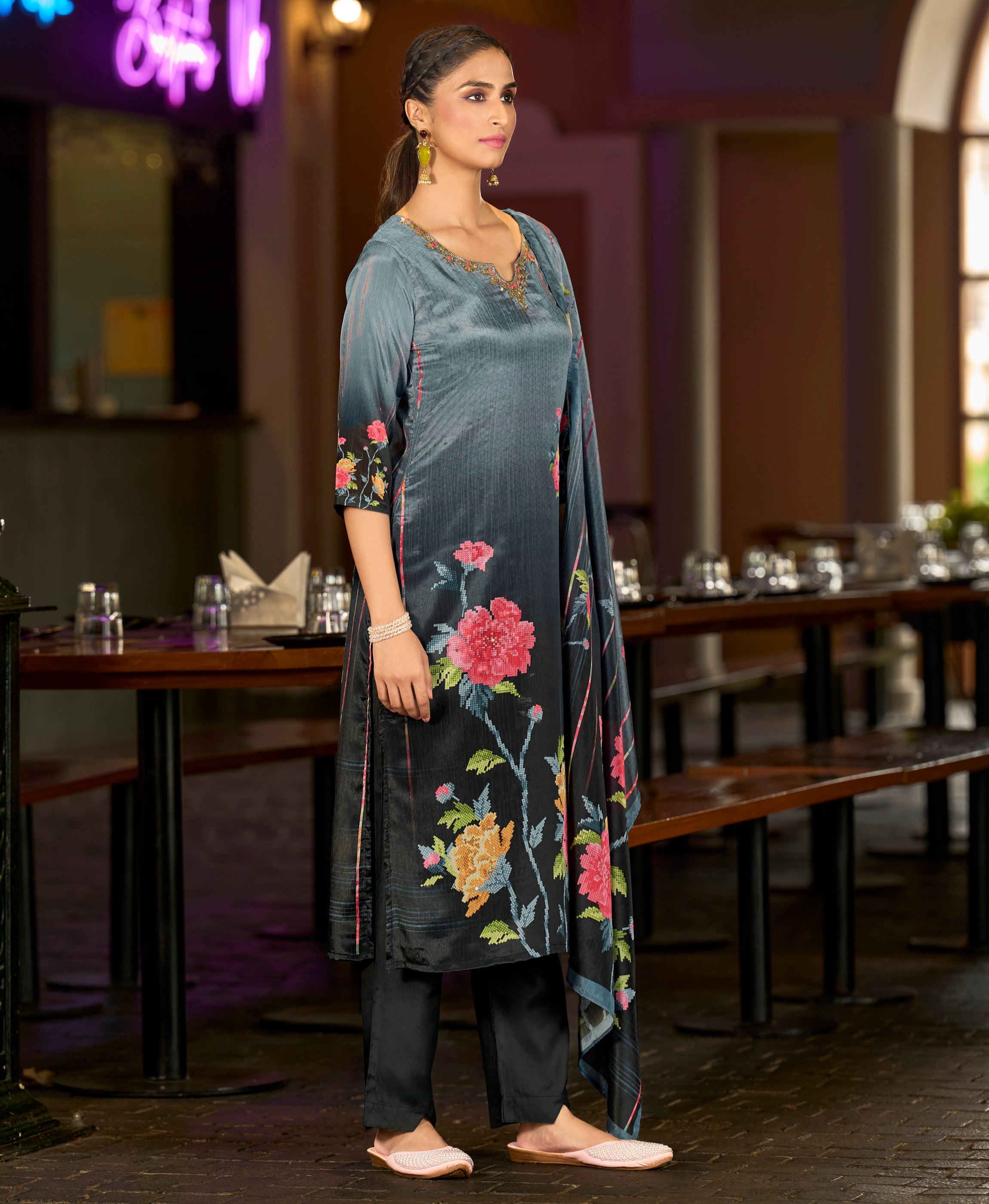 Her Couture Women's Grey Chinon Chiffon Floral Printed Straight Kurta With Comfort Fitting Pant & Printed Dupatta