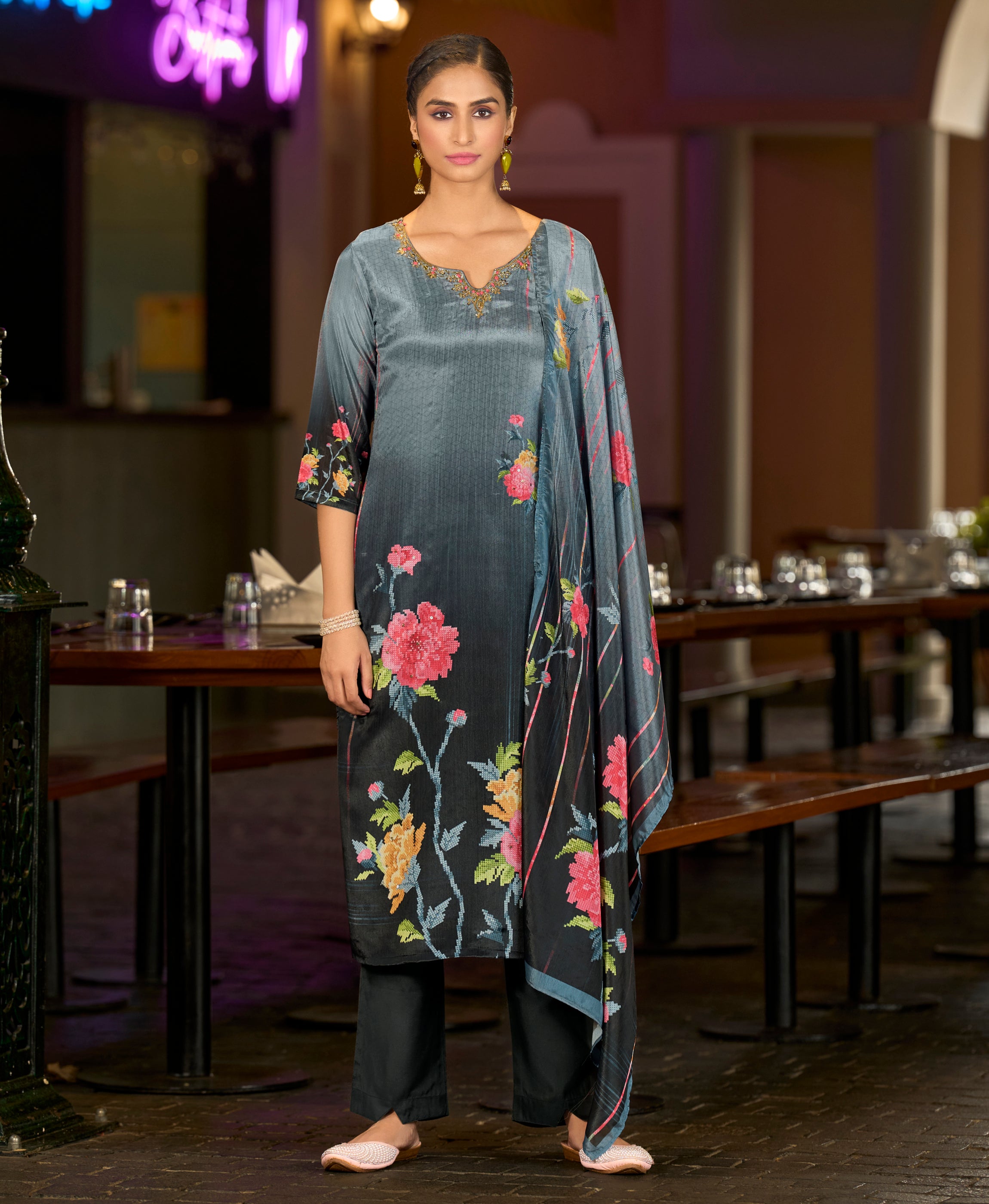 Her Couture Women's Grey Chinon Chiffon Floral Printed Straight Kurta With Comfort Fitting Pant & Printed Dupatta