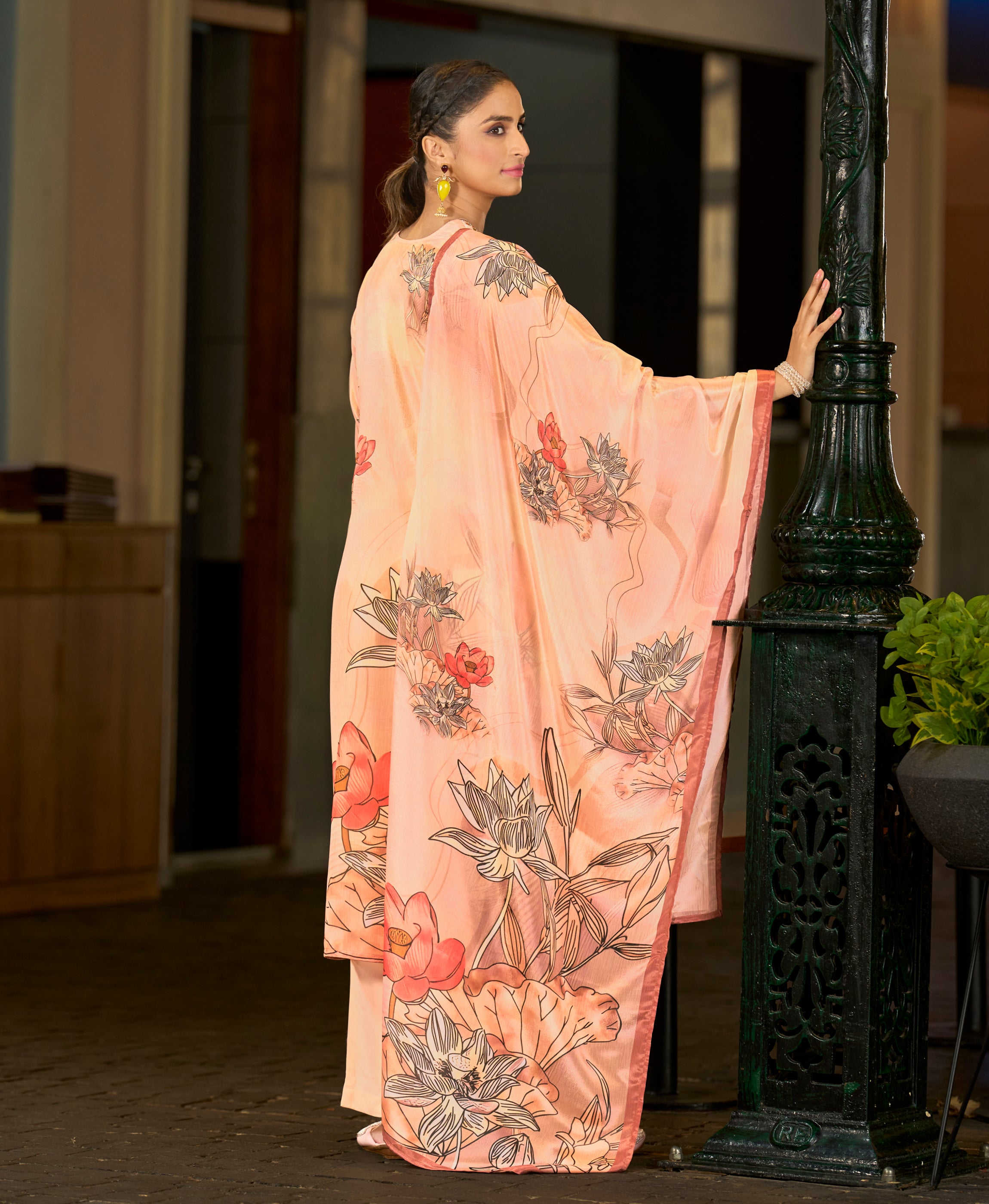 Her Couture Women's Peach Chinon Chiffon Floral Printed Straight Kurta With Comfort Fitting Pant & Printed Dupatta