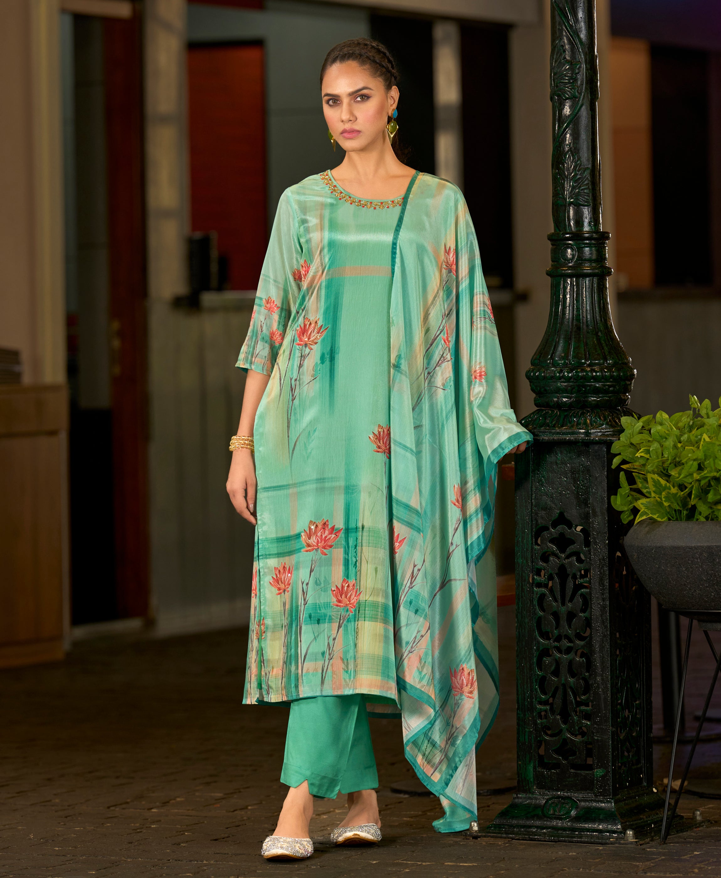 Green Chinon Chiffon Straight Festive & Party Kurta Set by Her Couture