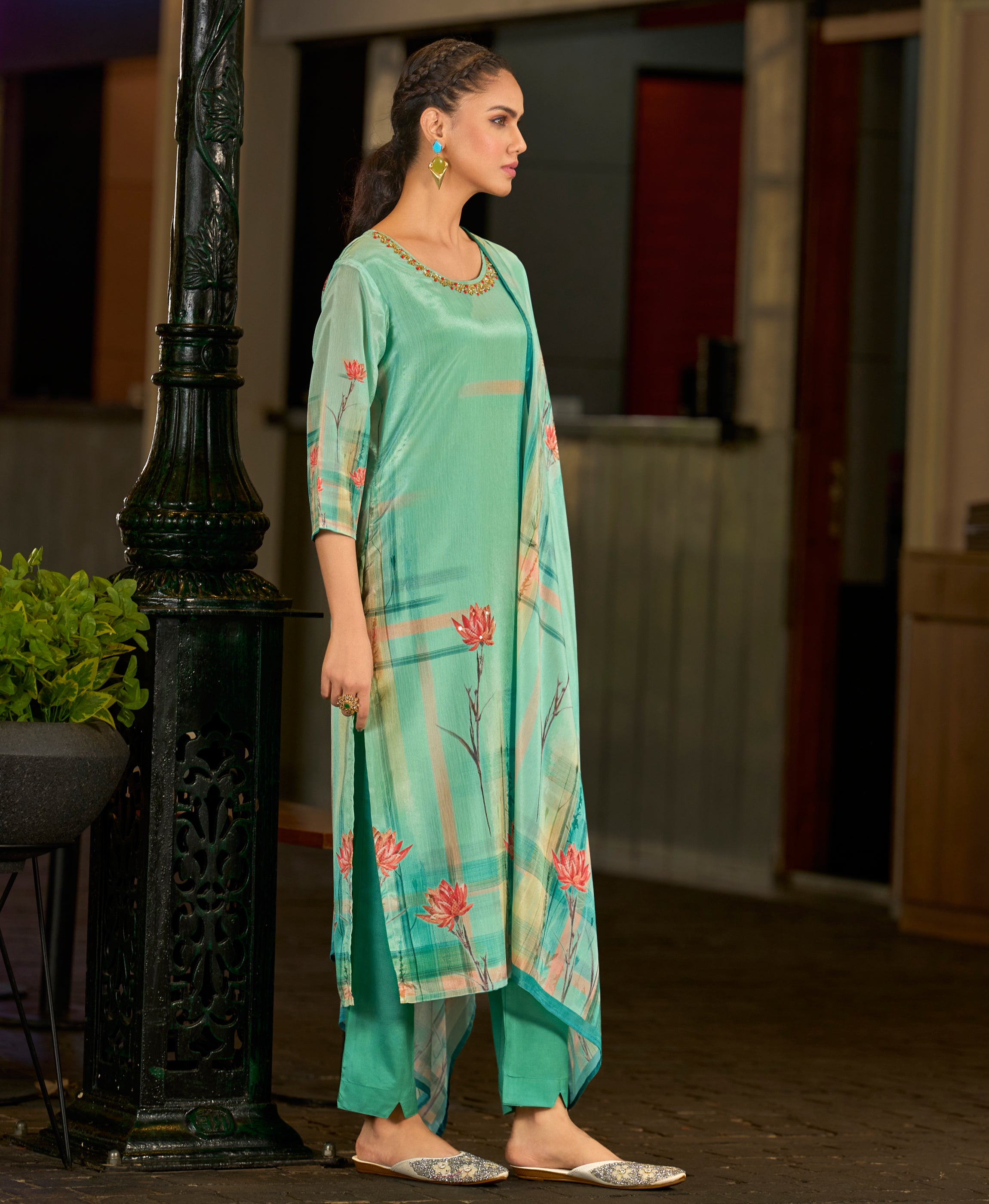Her Couture Women's Green Chinon Chiffon Floral Printed Straight Kurta With Comfort Fitting Pant & Printed Dupatta