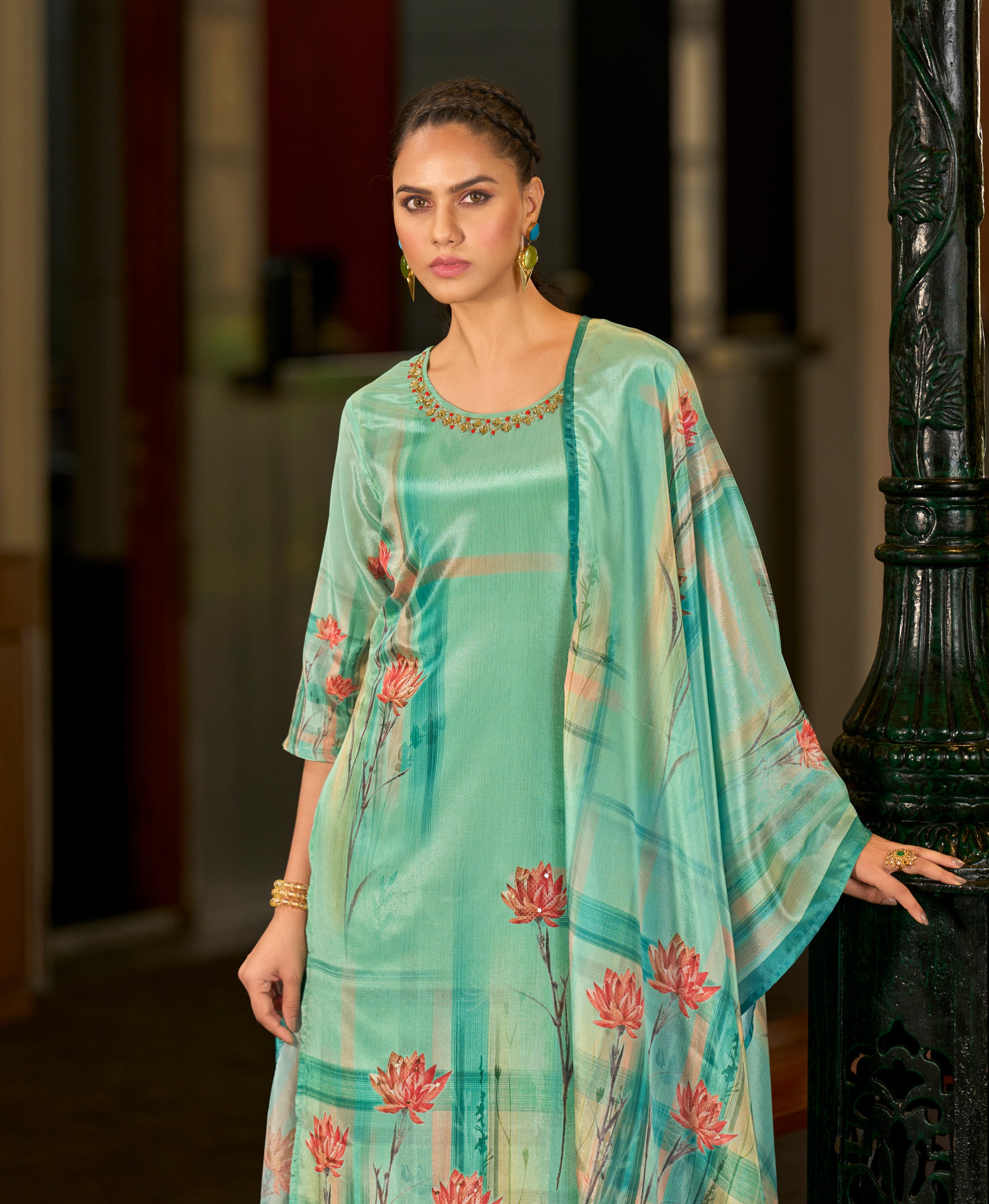 Her Couture Women's Green Chinon Chiffon Floral Printed Straight Kurta With Comfort Fitting Pant & Printed Dupatta