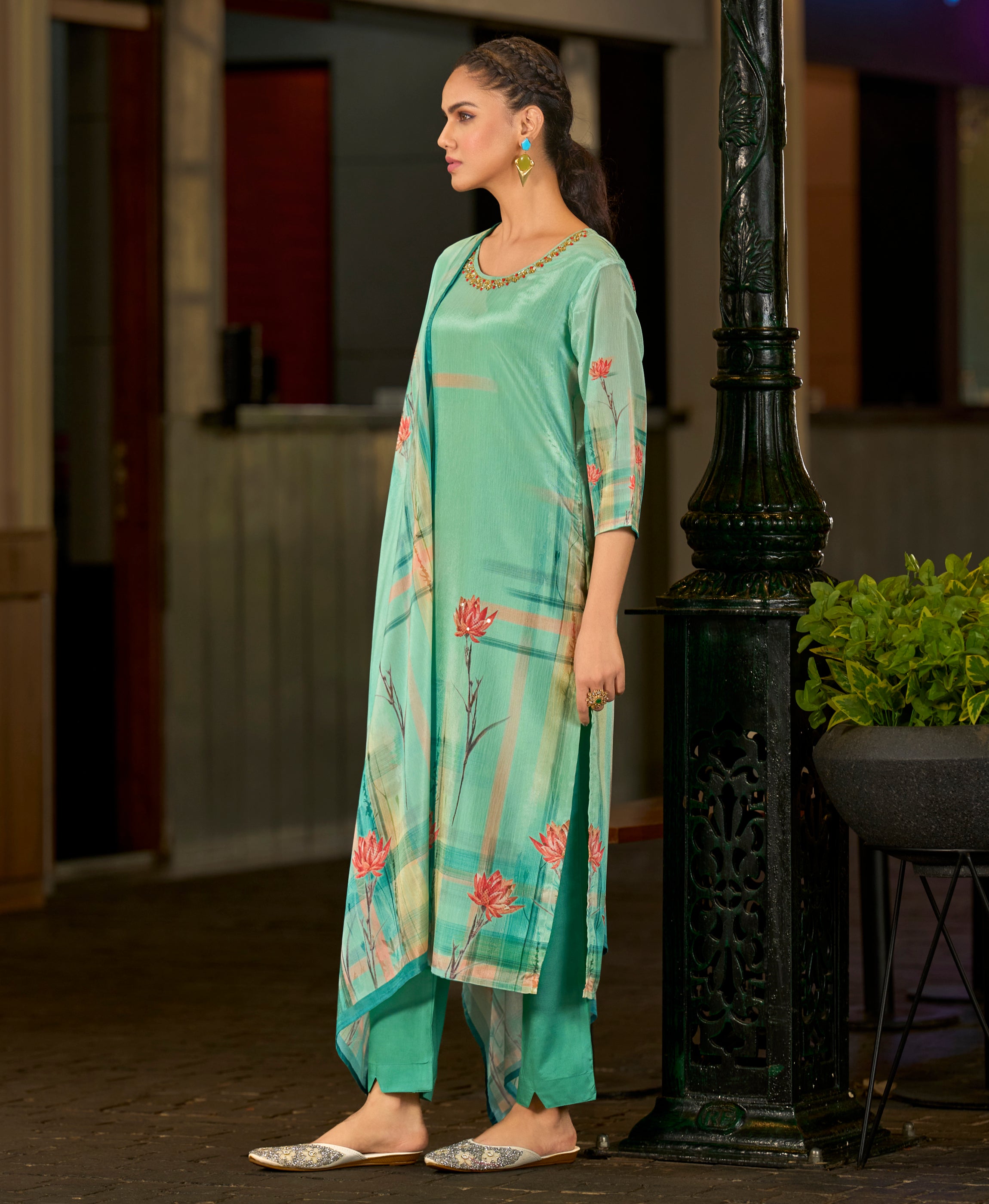 Her Couture Women's Green Chinon Chiffon Floral Printed Straight Kurta With Comfort Fitting Pant & Printed Dupatta