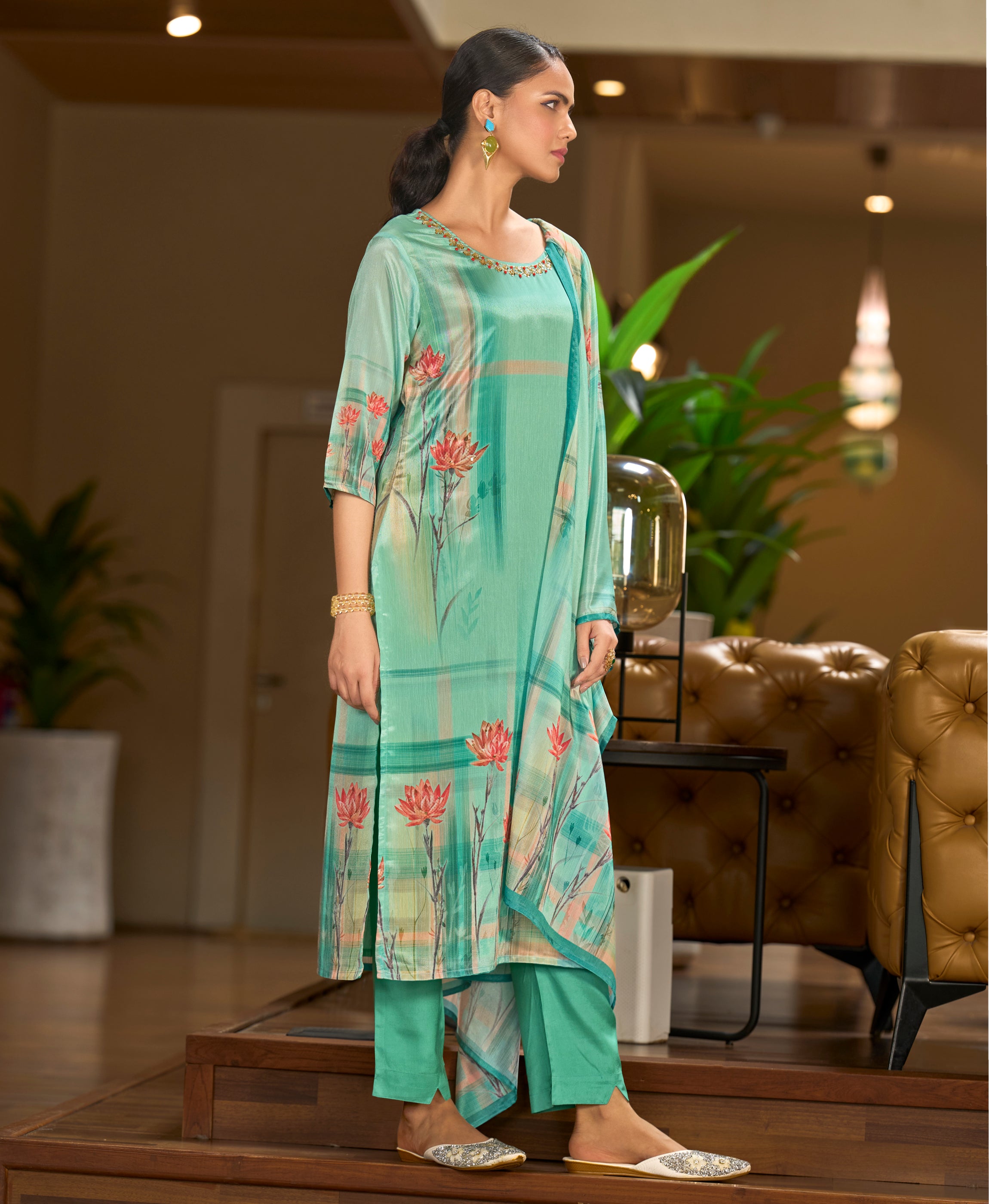 Her Couture Women's Green Chinon Chiffon Floral Printed Straight Kurta With Comfort Fitting Pant & Printed Dupatta