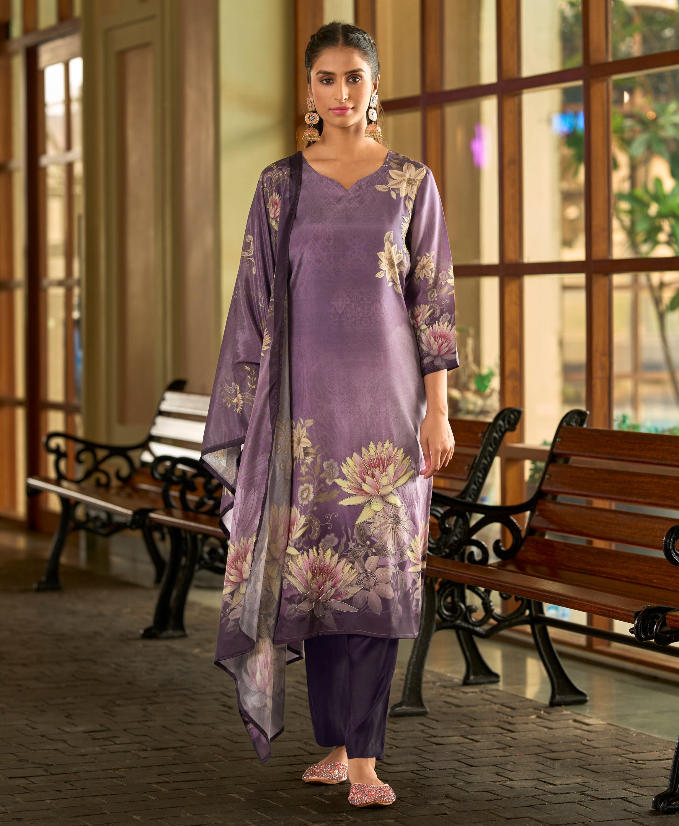 Purple Silk Crepe Straight Festive & Party Kurta Set by Her Couture