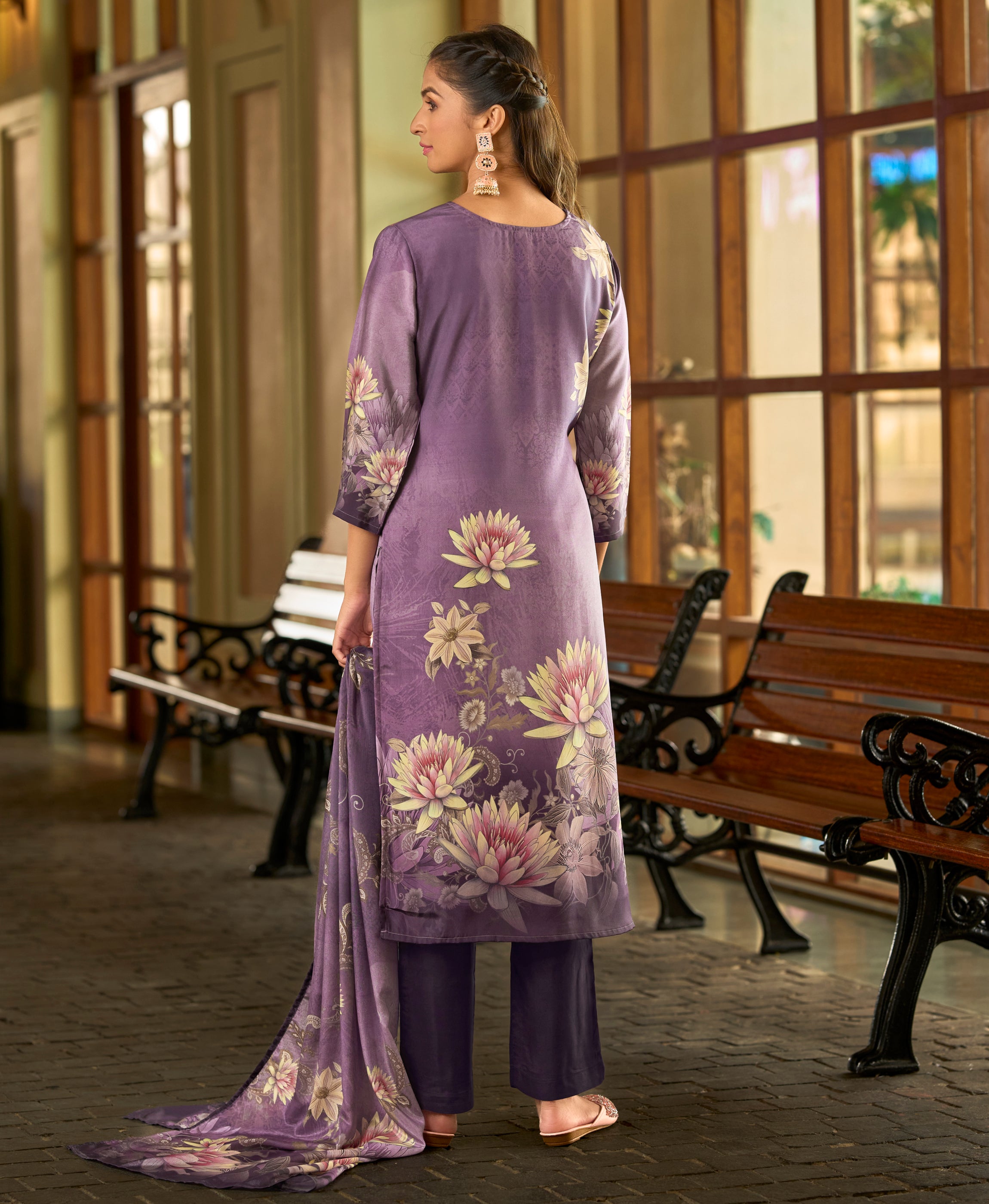 Her Couture Women's Purple Silk Crepe Floral Printed Straight Kurta With Comfort Fitting Pant & Printed Dupatta