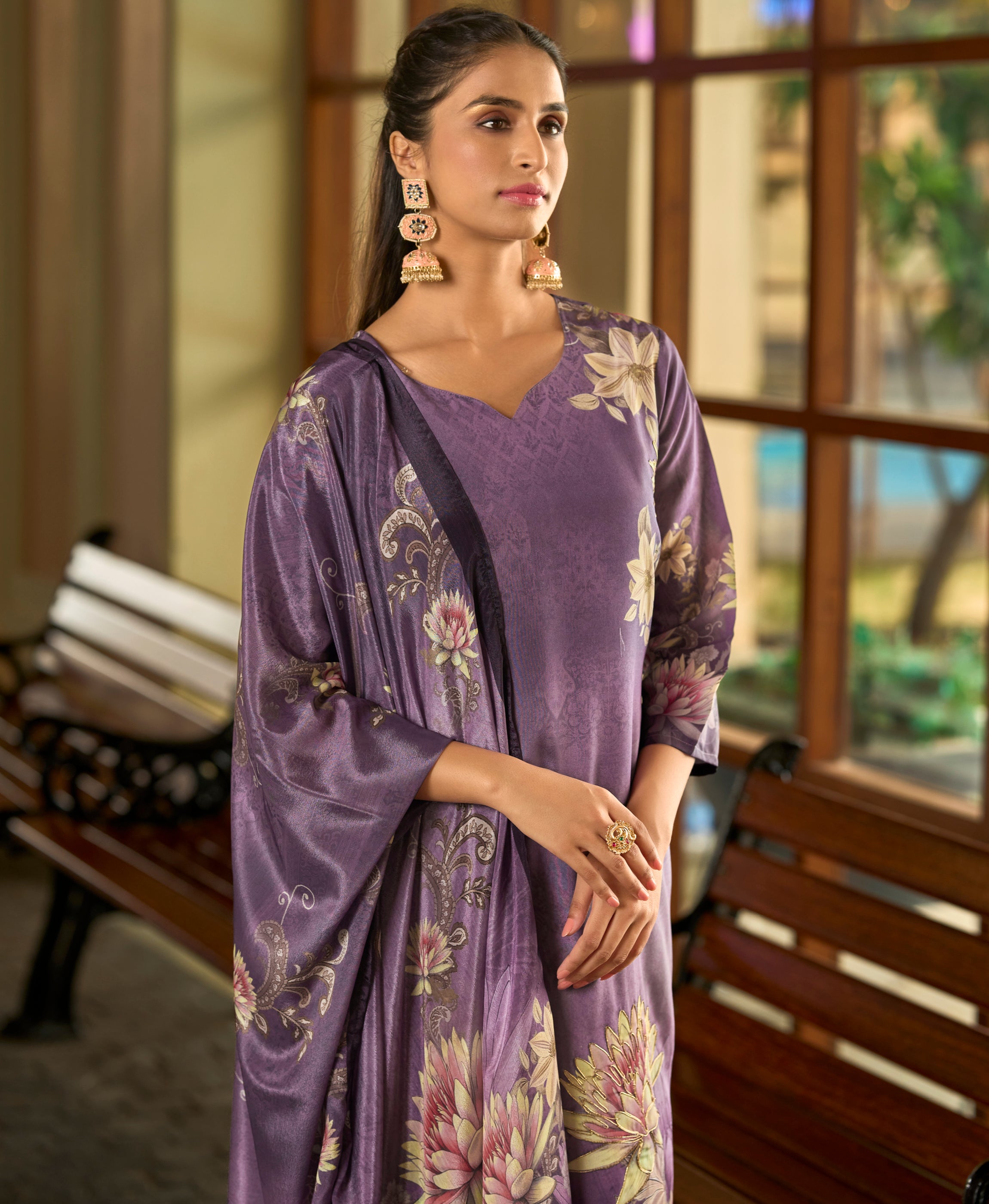 Her Couture Women's Purple Silk Crepe Floral Printed Straight Kurta With Comfort Fitting Pant & Printed Dupatta