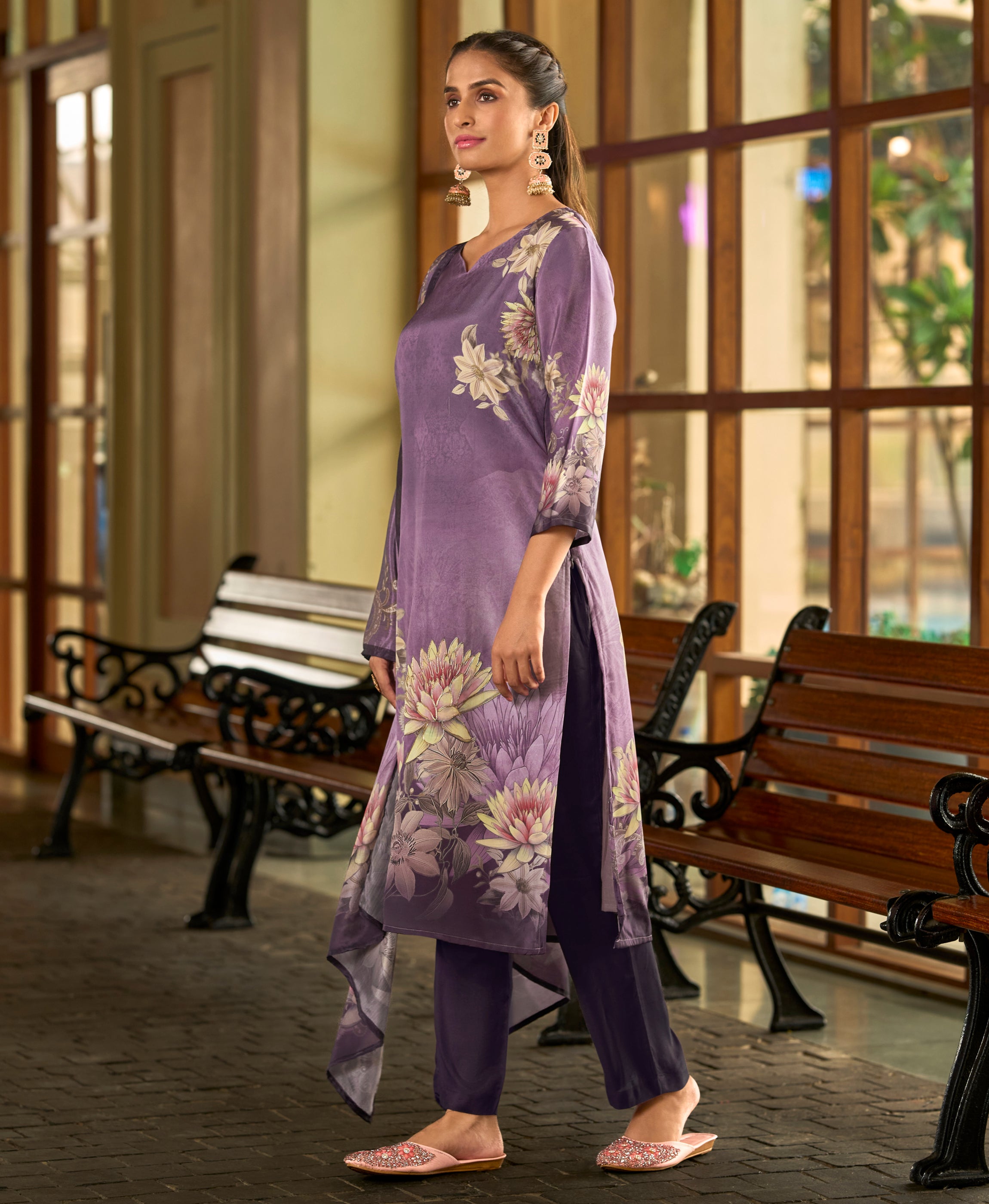 Her Couture Women's Purple Silk Crepe Floral Printed Straight Kurta With Comfort Fitting Pant & Printed Dupatta