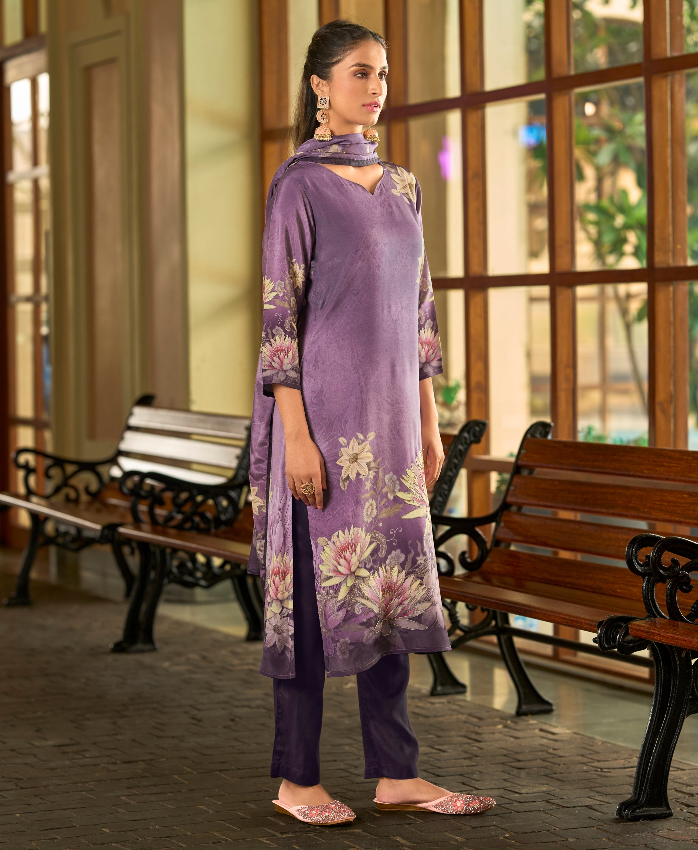 Her Couture Women's Purple Silk Crepe Floral Printed Straight Kurta With Comfort Fitting Pant & Printed Dupatta