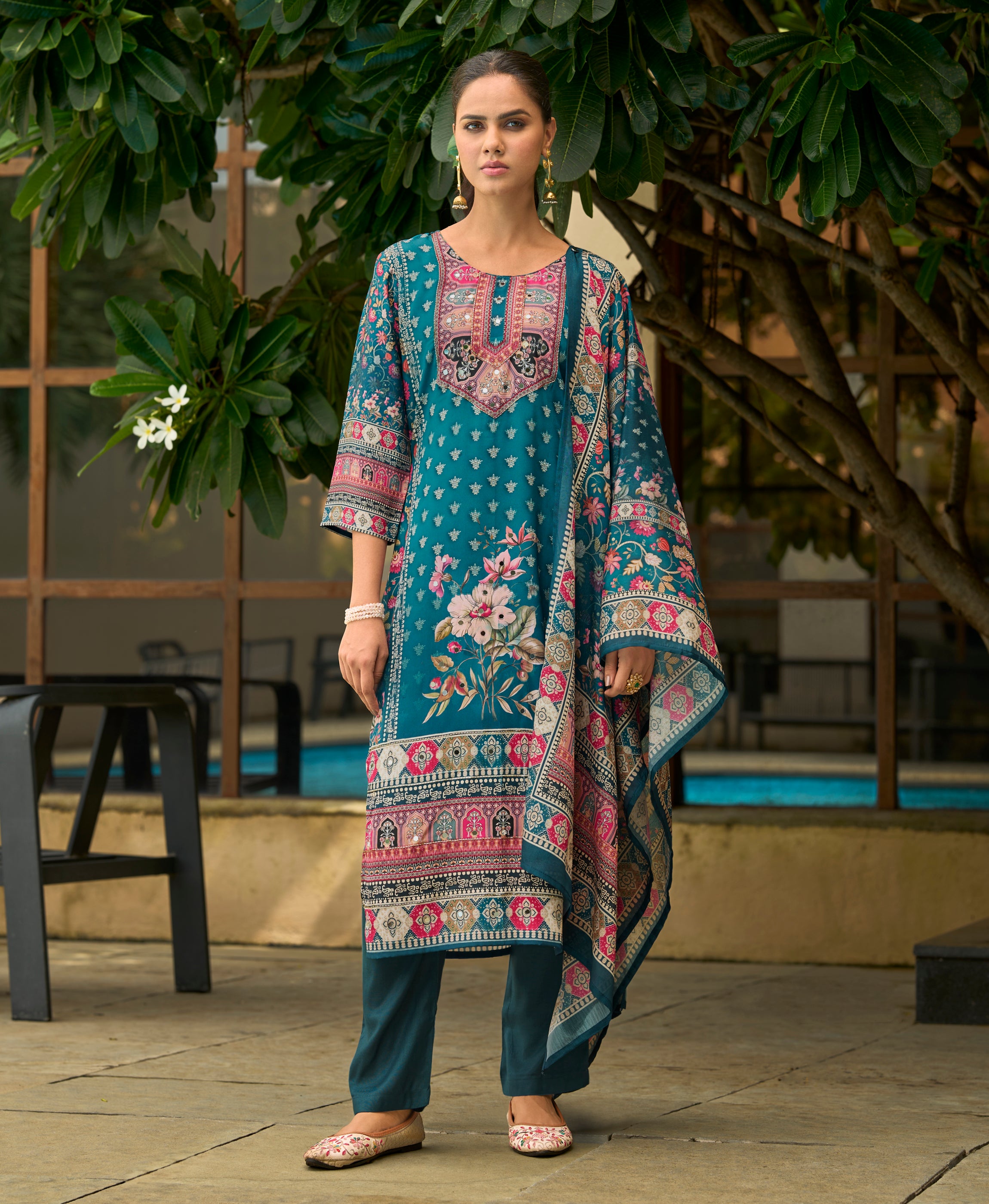 Teal Silk Crepe Straight Festive & Party Kurta Set by Her Couture