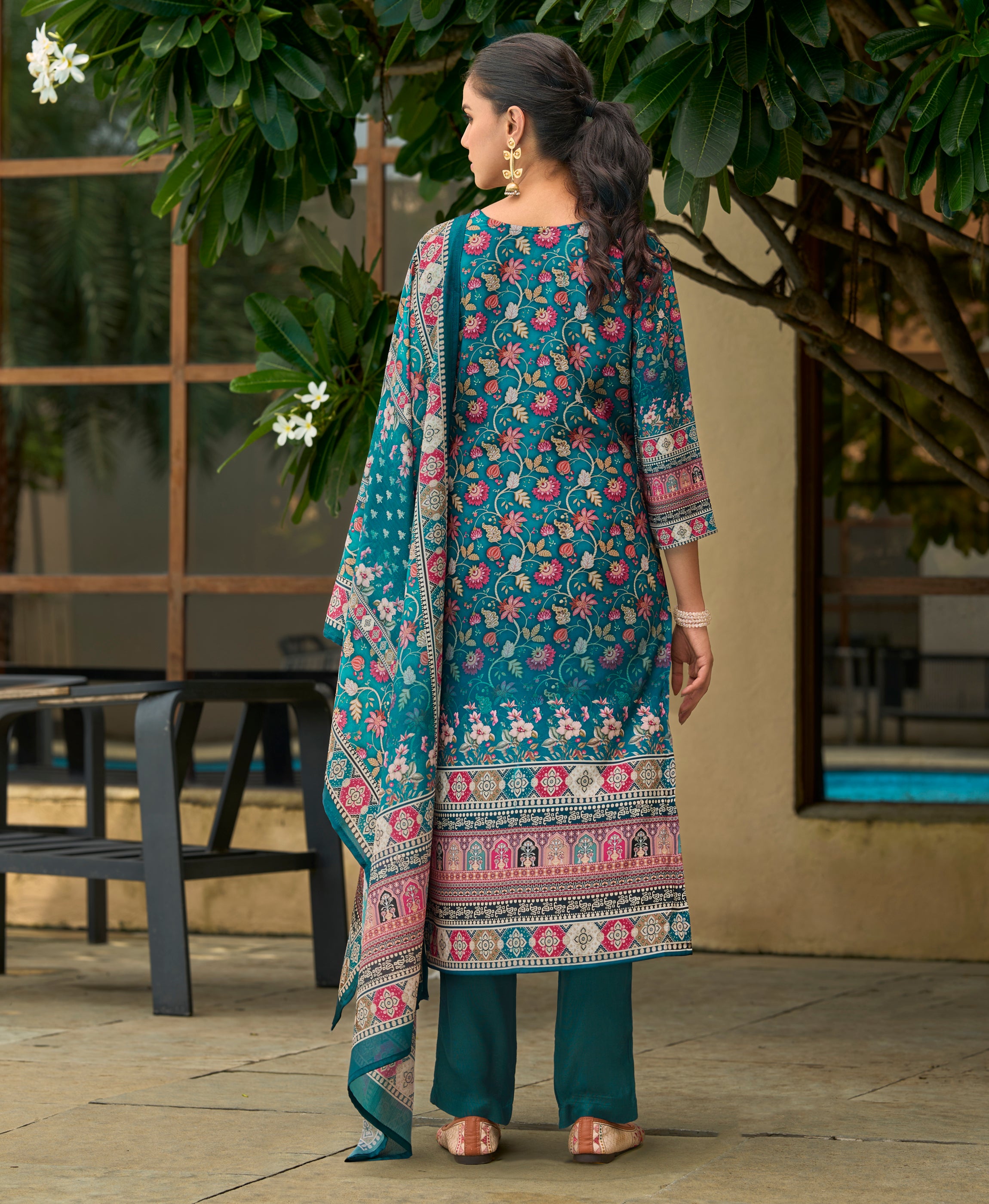 Her Couture Women's Teal Silk Crepe Floral Printed Straight Kurta With Comfort Fitting Pant & Printed Dupatta