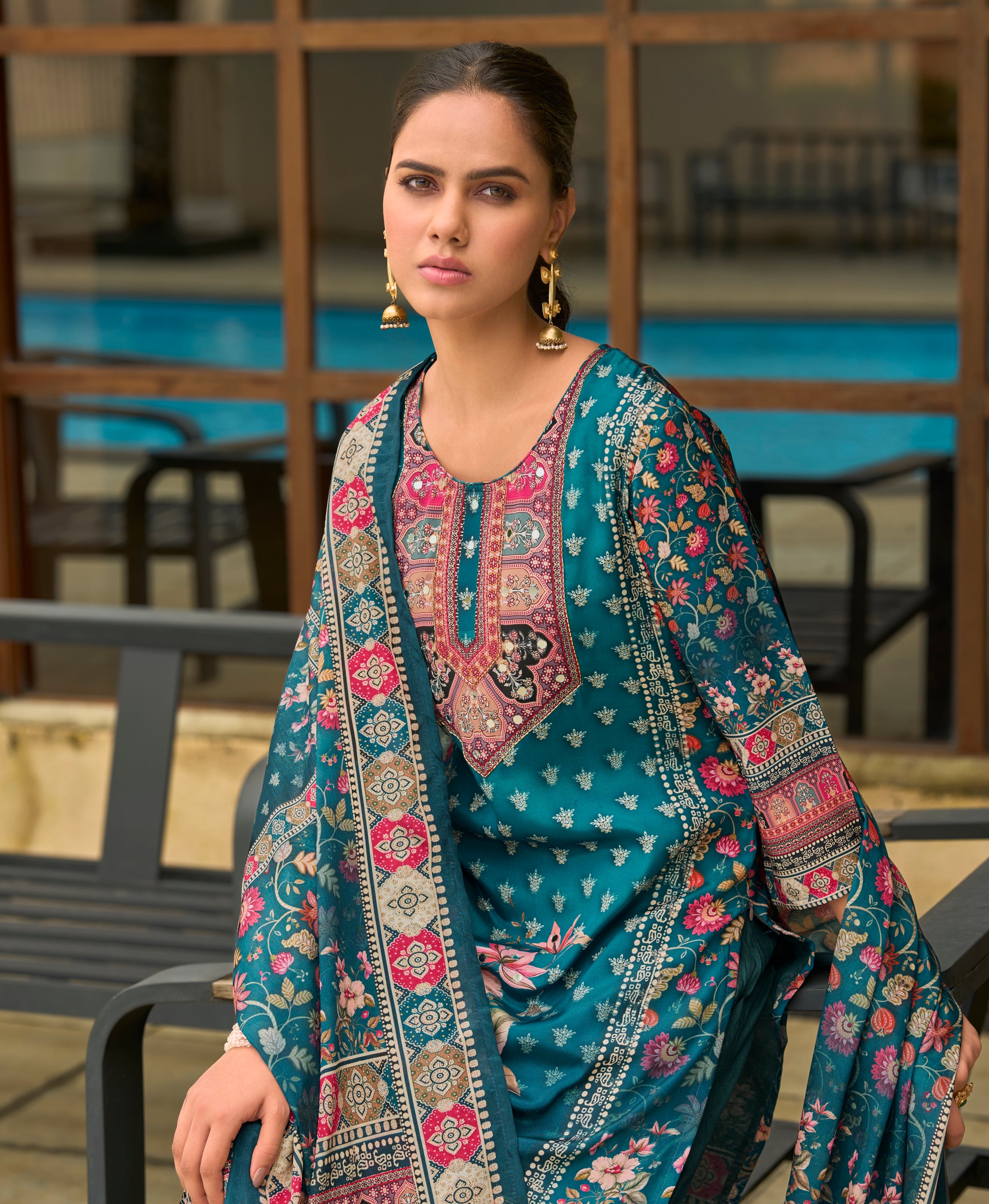 Her Couture Women's Teal Silk Crepe Floral Printed Straight Kurta With Comfort Fitting Pant & Printed Dupatta