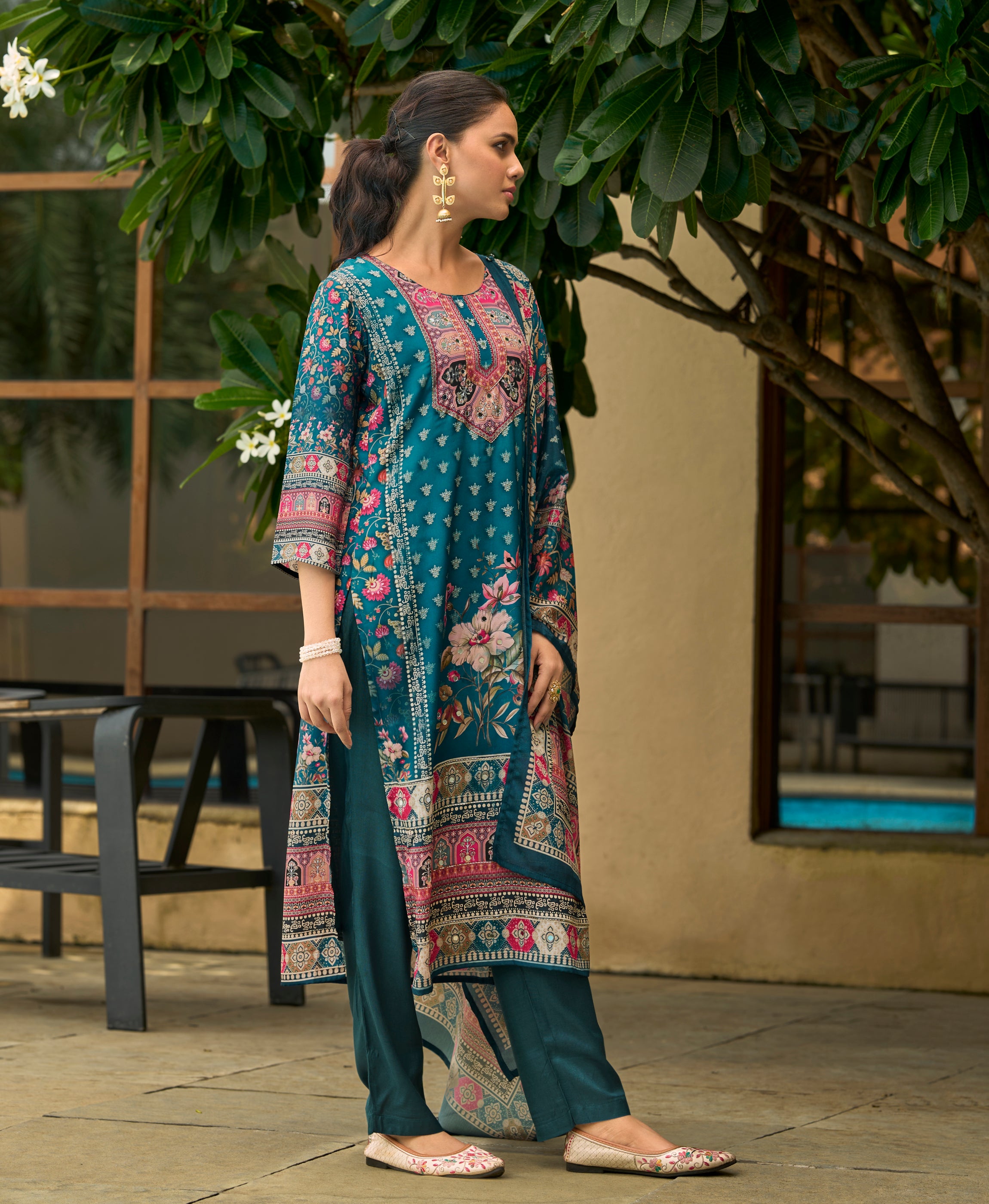 Her Couture Women's Teal Silk Crepe Floral Printed Straight Kurta With Comfort Fitting Pant & Printed Dupatta