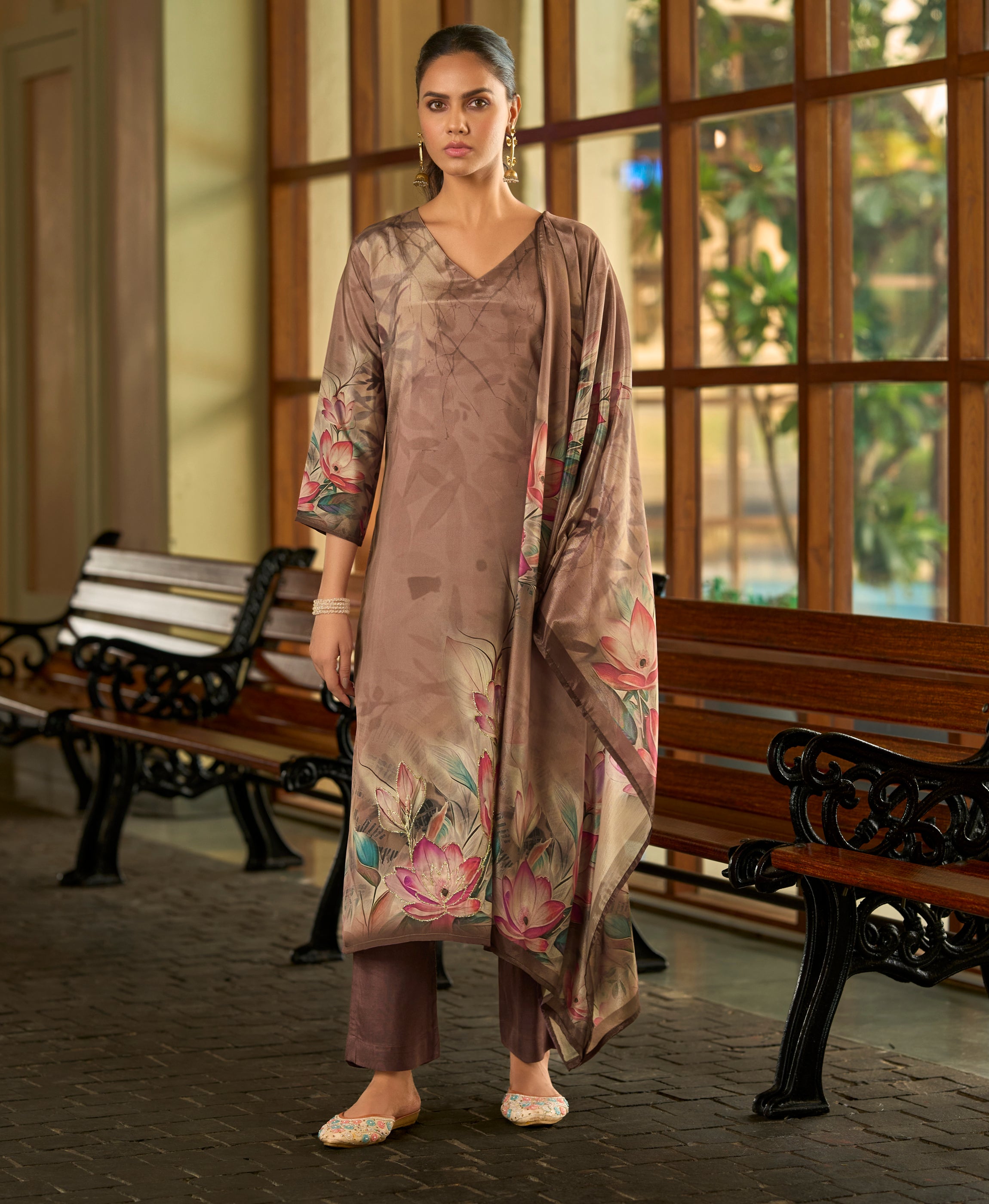 Brown Silk Crepe Straight Festive & Party Kurta Set by Her Couture