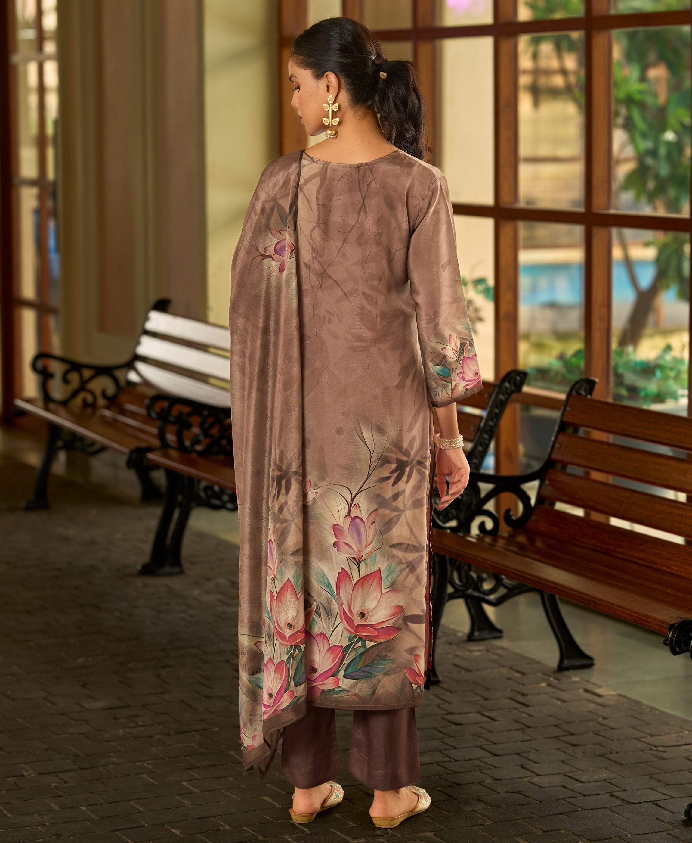 Her Couture Women's Brown Silk Crepe Floral Printed Straight Kurta With Comfort Fitting Pant & Printed Dupatta