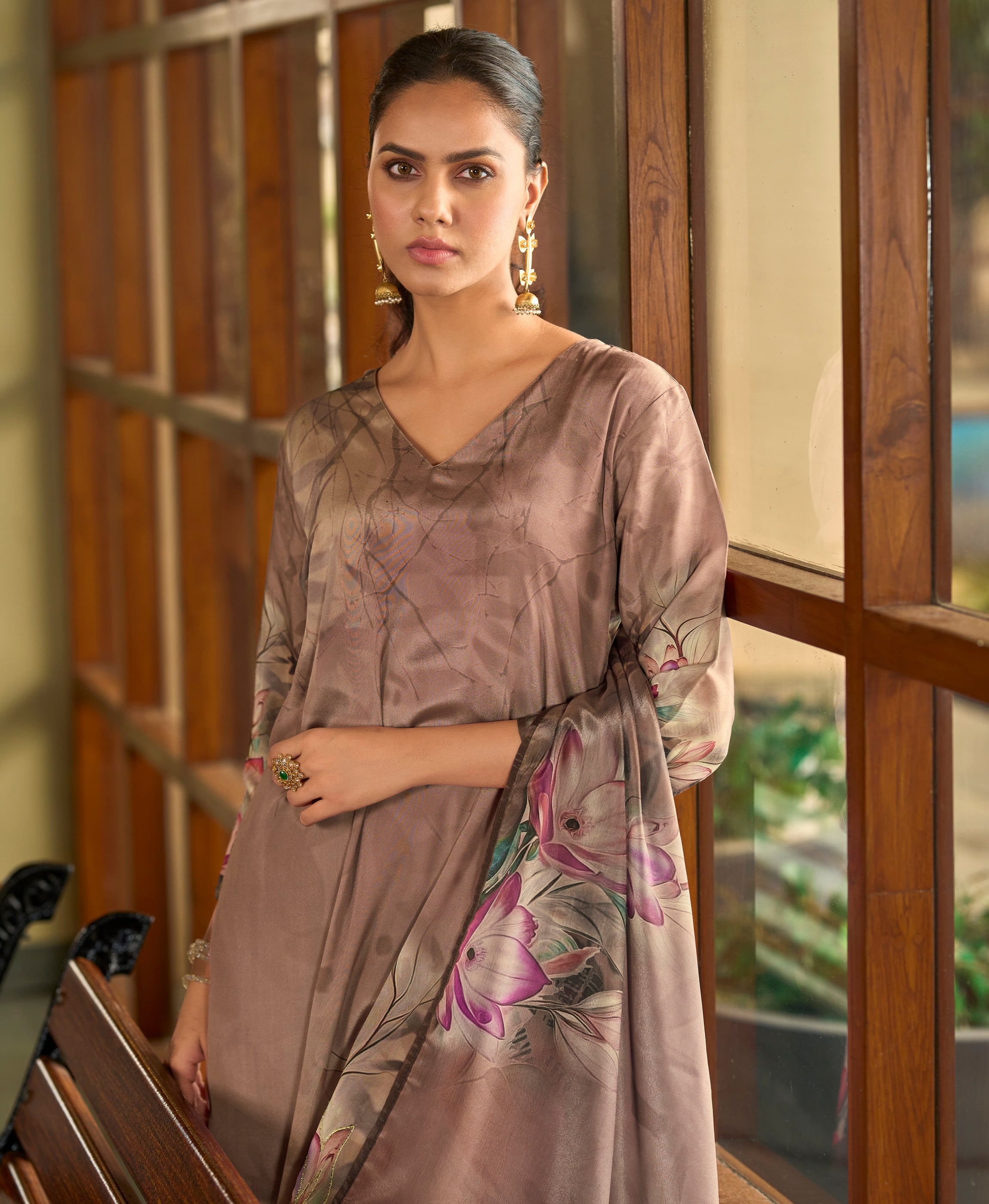 Her Couture Women's Brown Silk Crepe Floral Printed Straight Kurta With Comfort Fitting Pant & Printed Dupatta