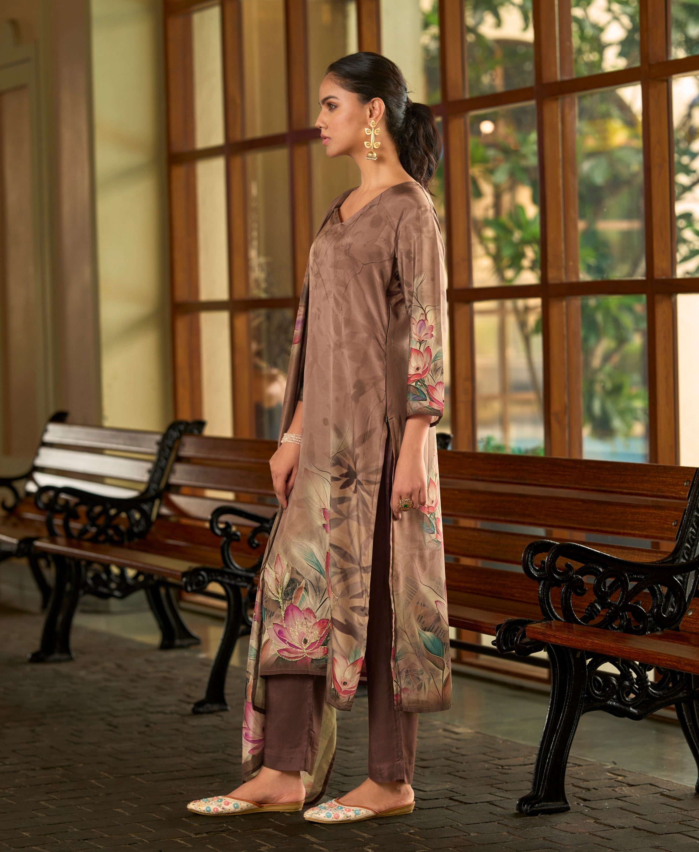 Her Couture Women's Brown Silk Crepe Floral Printed Straight Kurta With Comfort Fitting Pant & Printed Dupatta