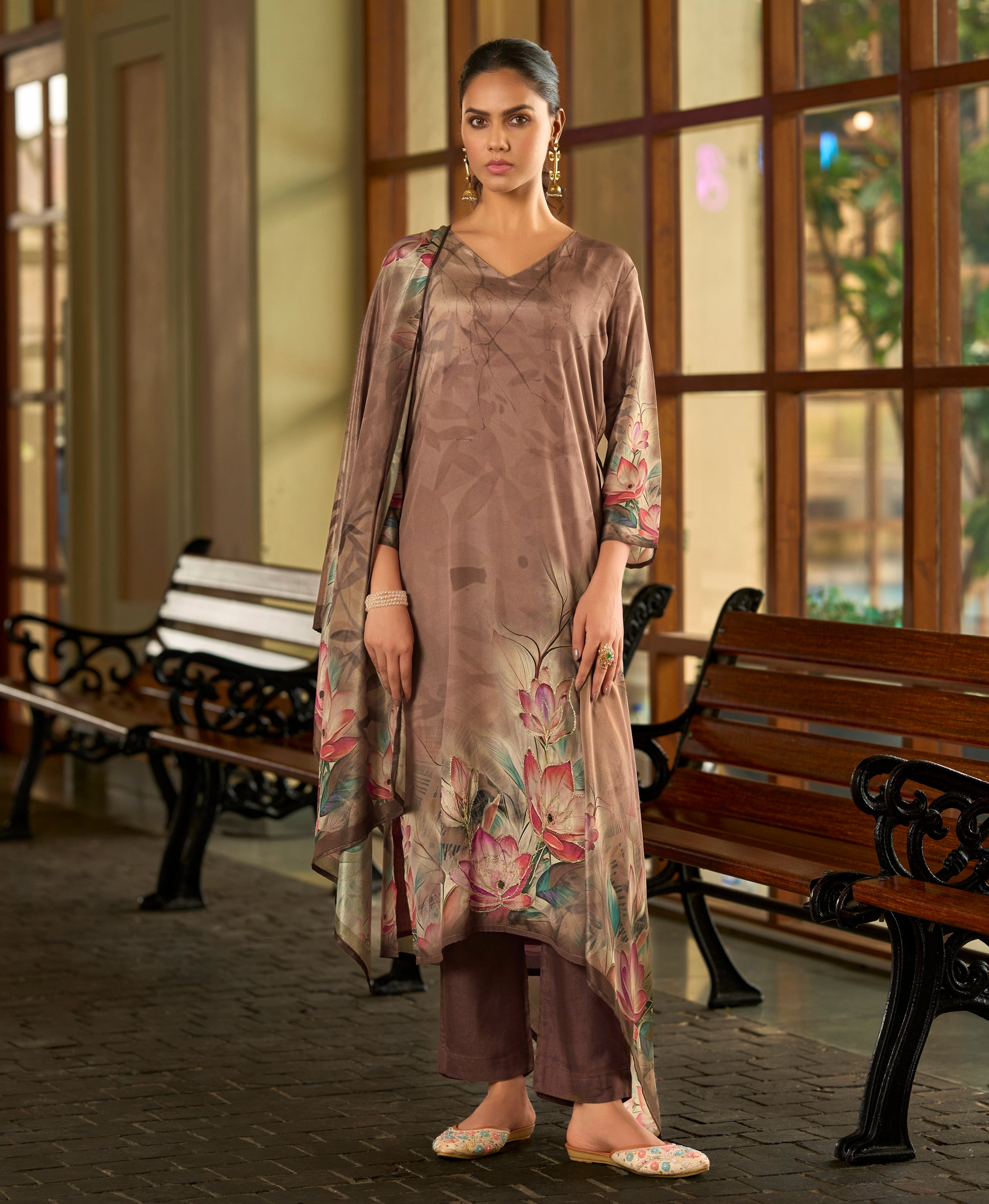 Her Couture Women's Brown Silk Crepe Floral Printed Straight Kurta With Comfort Fitting Pant & Printed Dupatta
