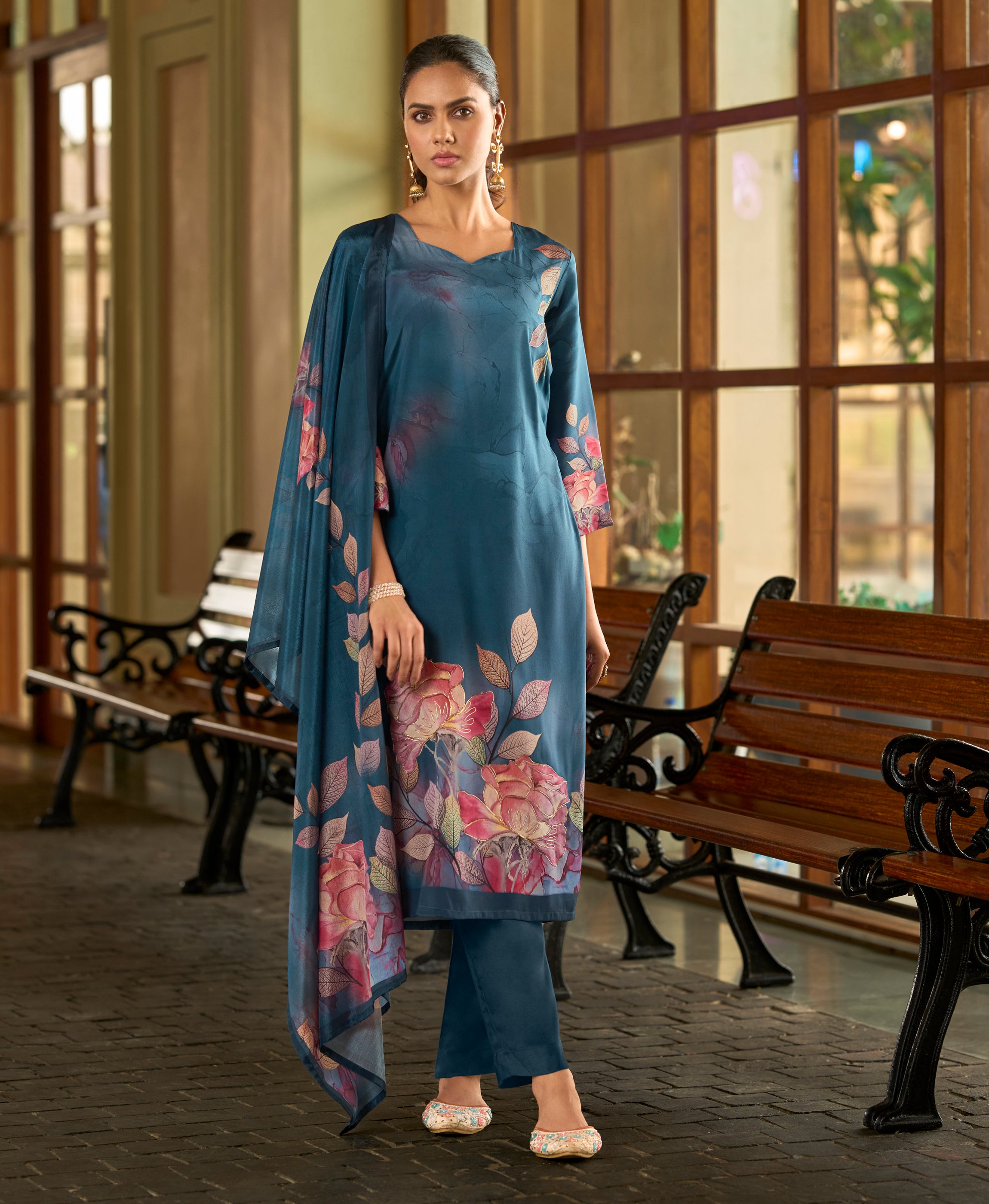 Teal Blue Silk Crepe Straight Festive & Party Kurta Set by Her Couture