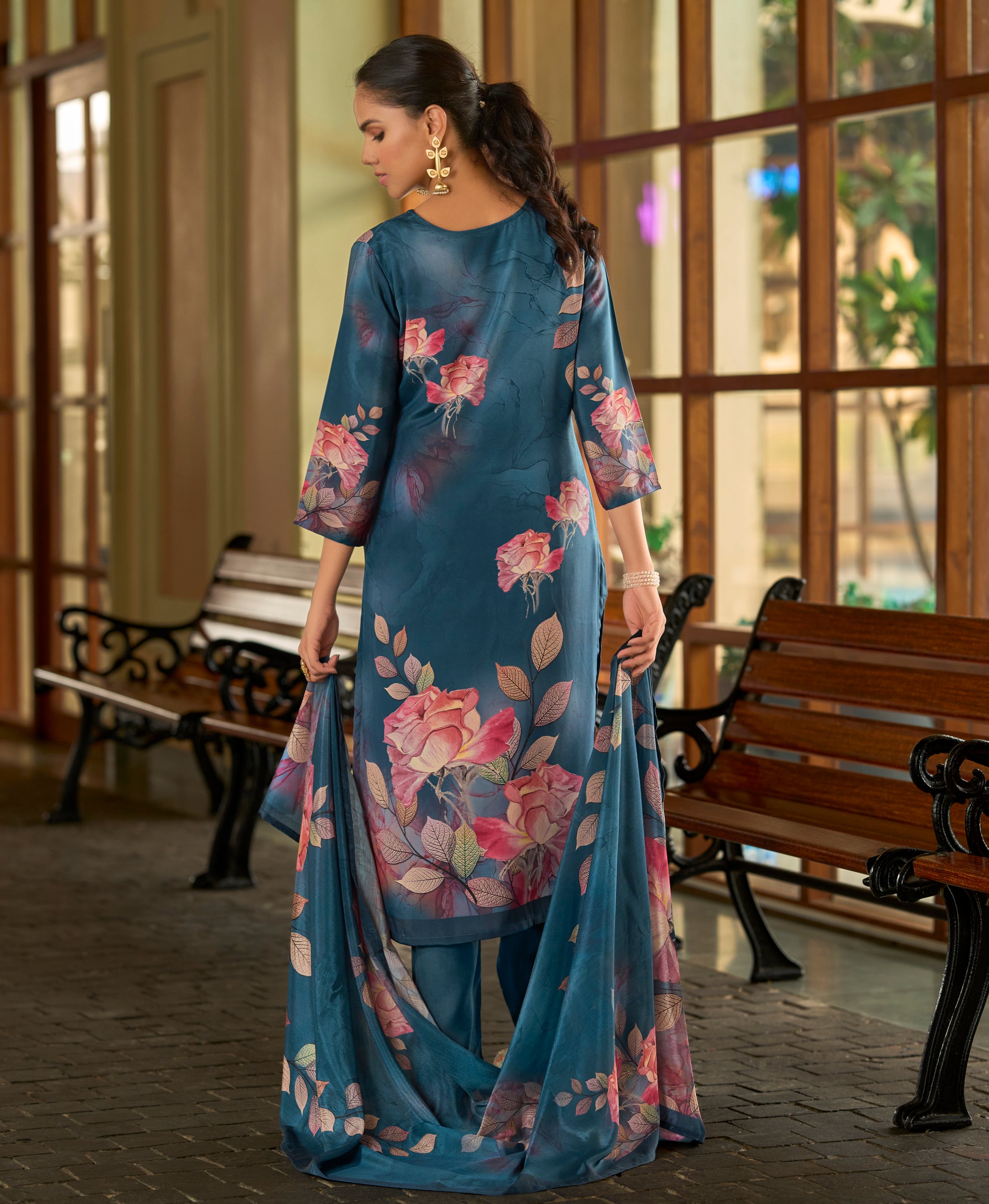Her Couture Women's Teal Blue Silk Crepe Floral Printed Straight Kurta With Comfort Fitting Pant & Printed Dupatta