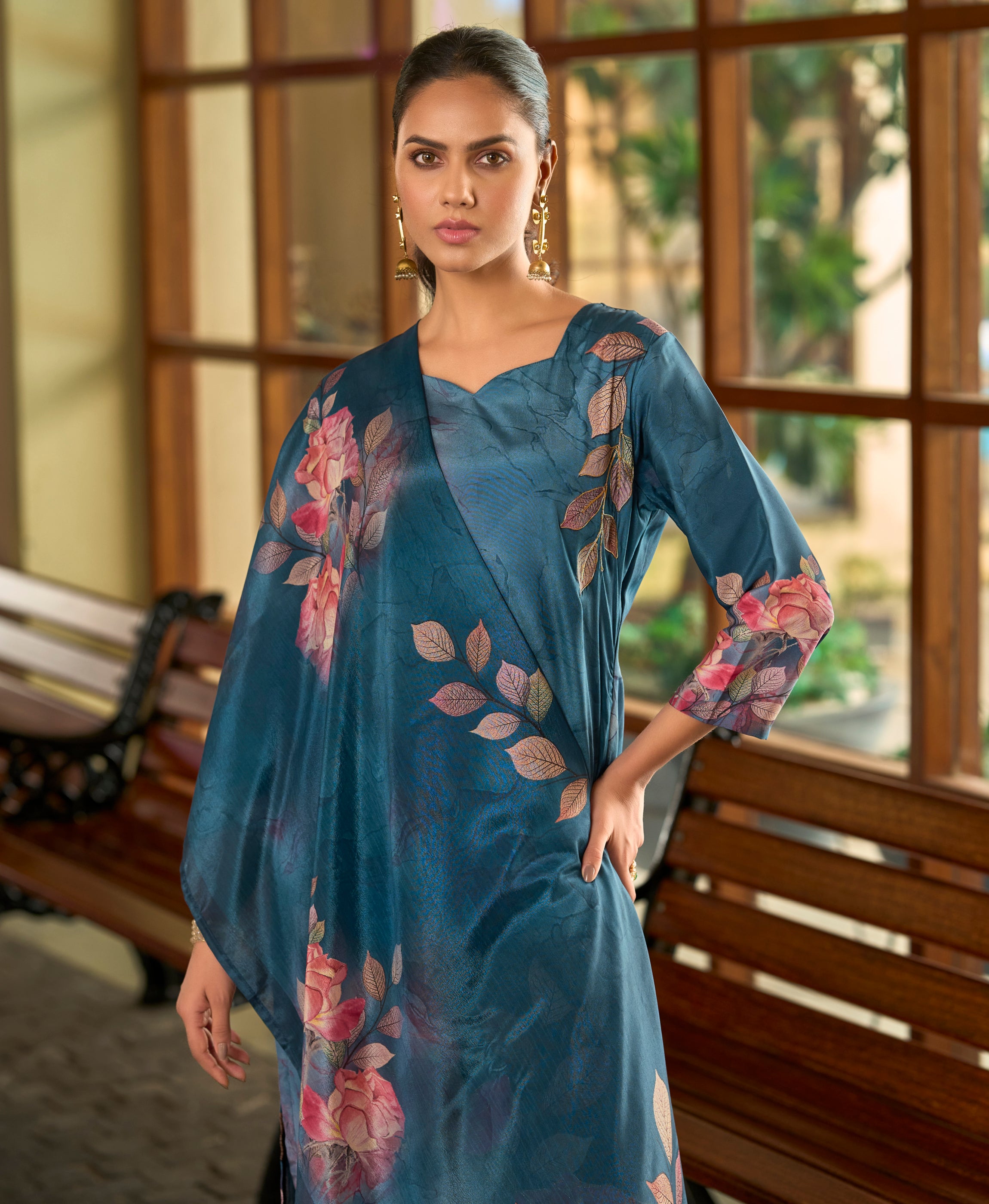 Her Couture Women's Teal Blue Silk Crepe Floral Printed Straight Kurta With Comfort Fitting Pant & Printed Dupatta