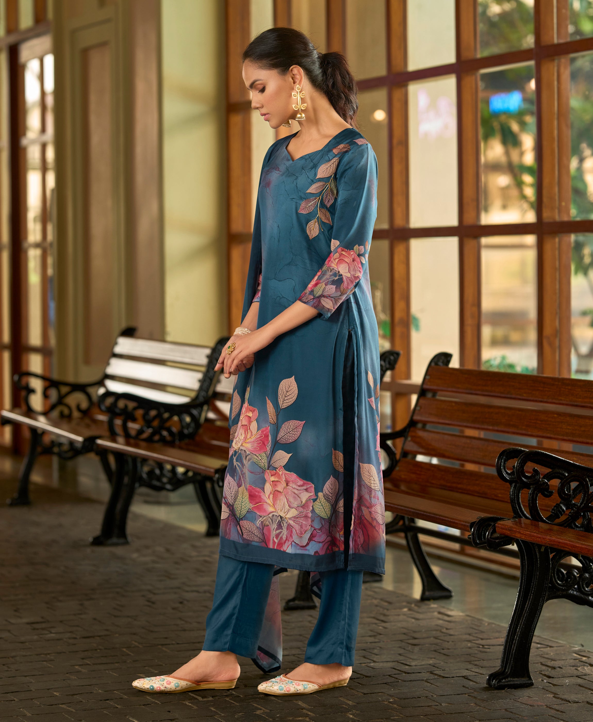 Her Couture Women's Teal Blue Silk Crepe Floral Printed Straight Kurta With Comfort Fitting Pant & Printed Dupatta