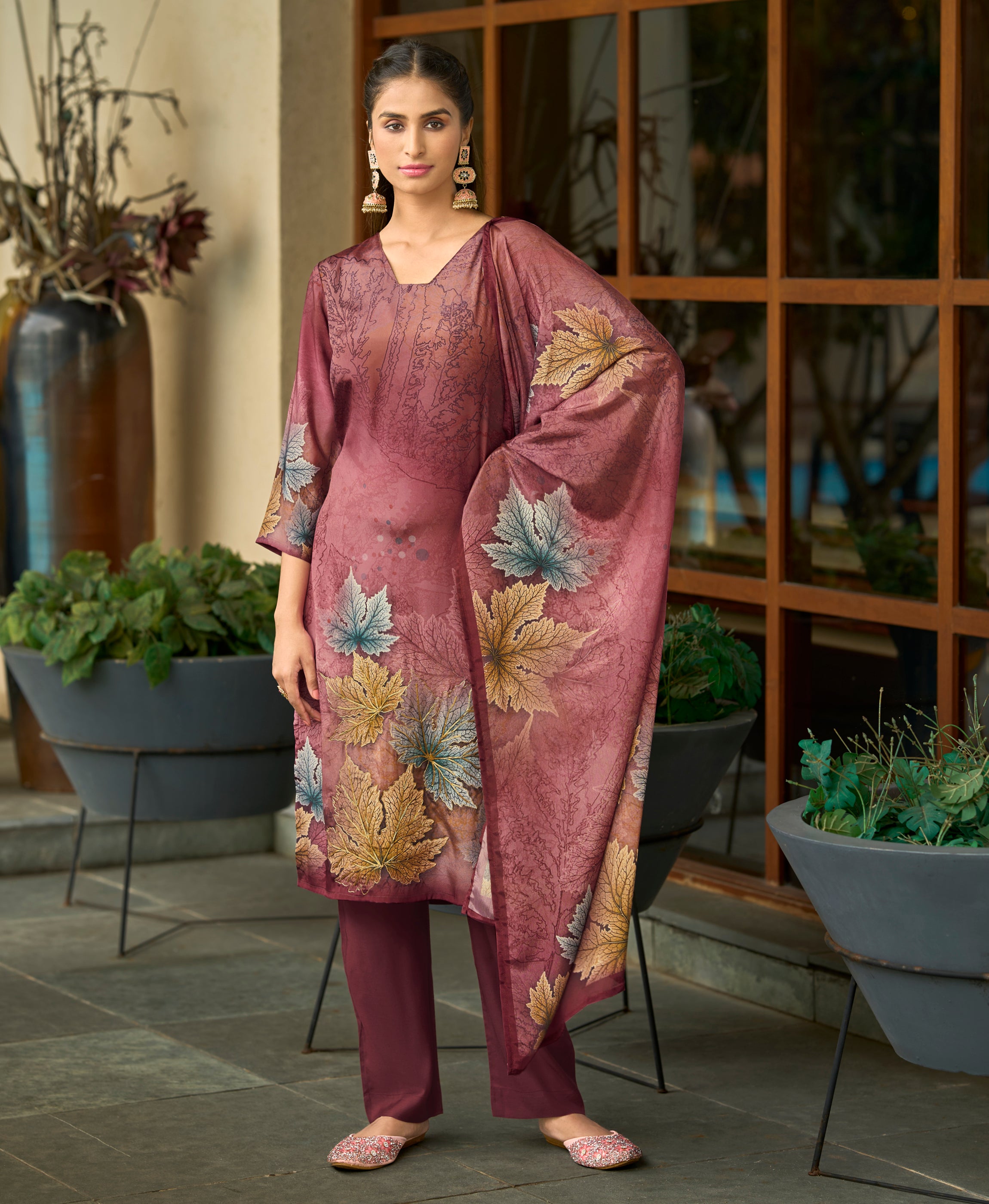 Maroon Silk Crepe Straight Festive & Party Kurta Set by Her Couture