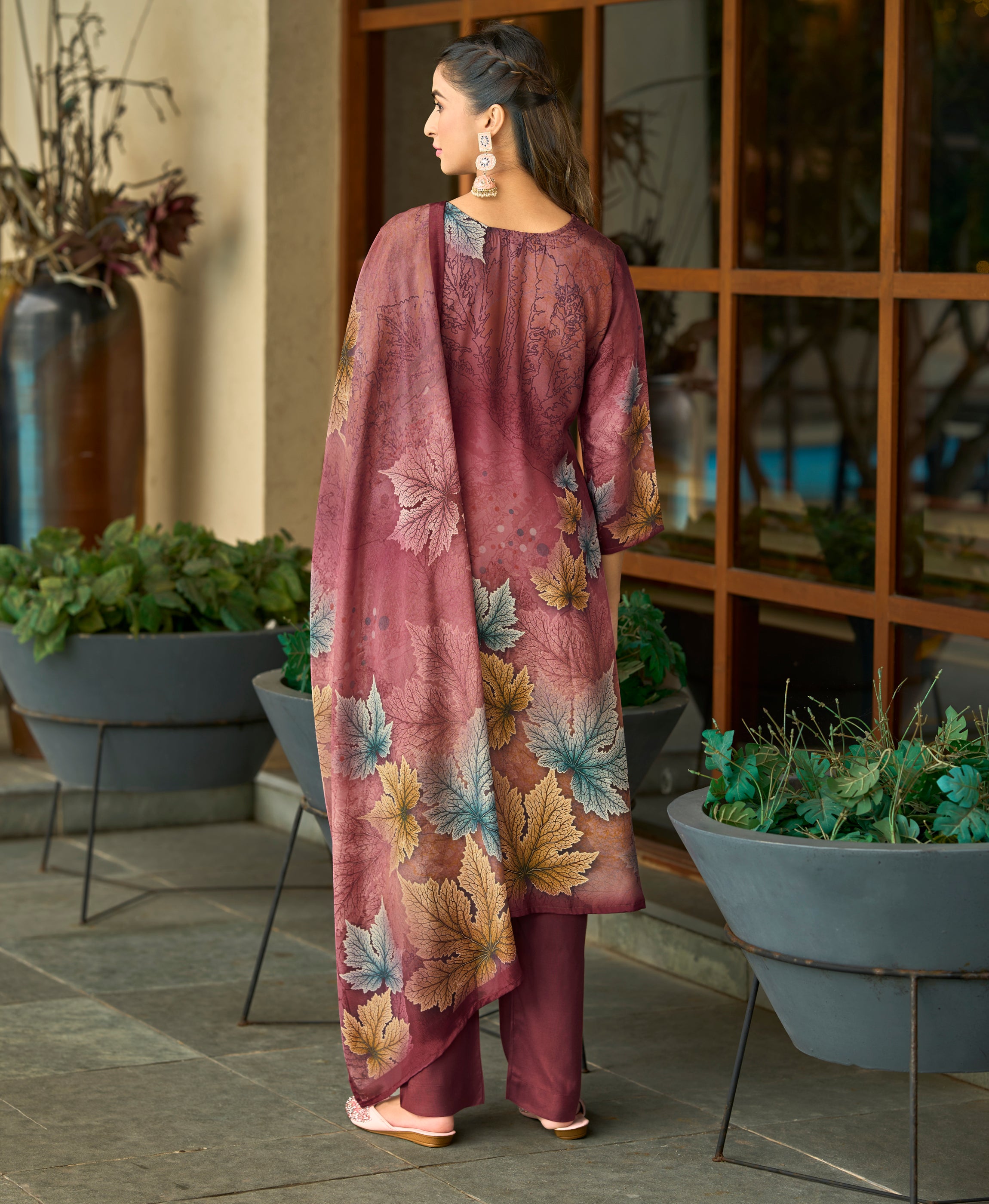 Her Couture Women's Maroon Silk Crepe Floral Printed Straight Kurta With Comfort Fitting Pant & Printed Dupatta