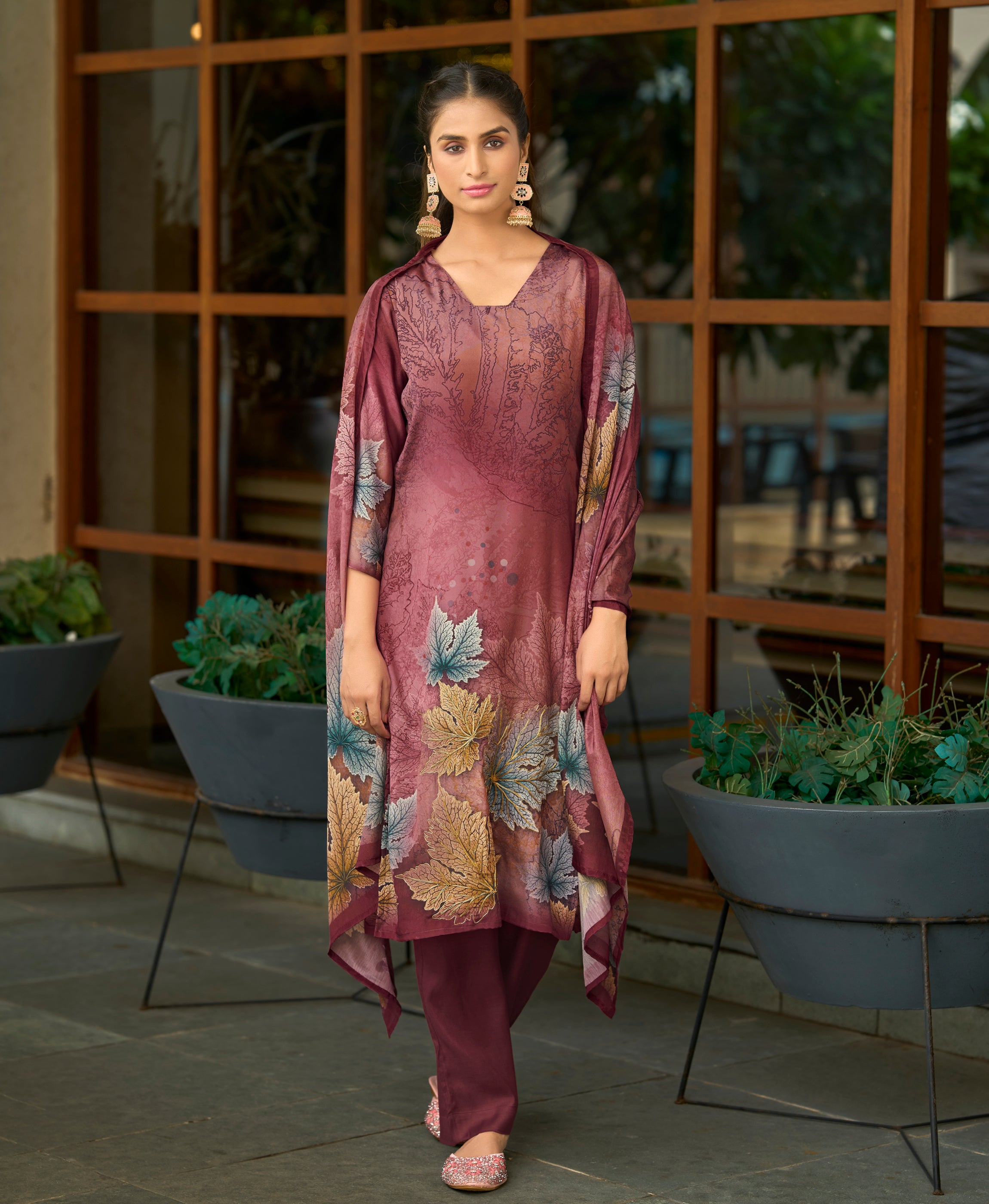 Her Couture Women's Maroon Silk Crepe Floral Printed Straight Kurta With Comfort Fitting Pant & Printed Dupatta