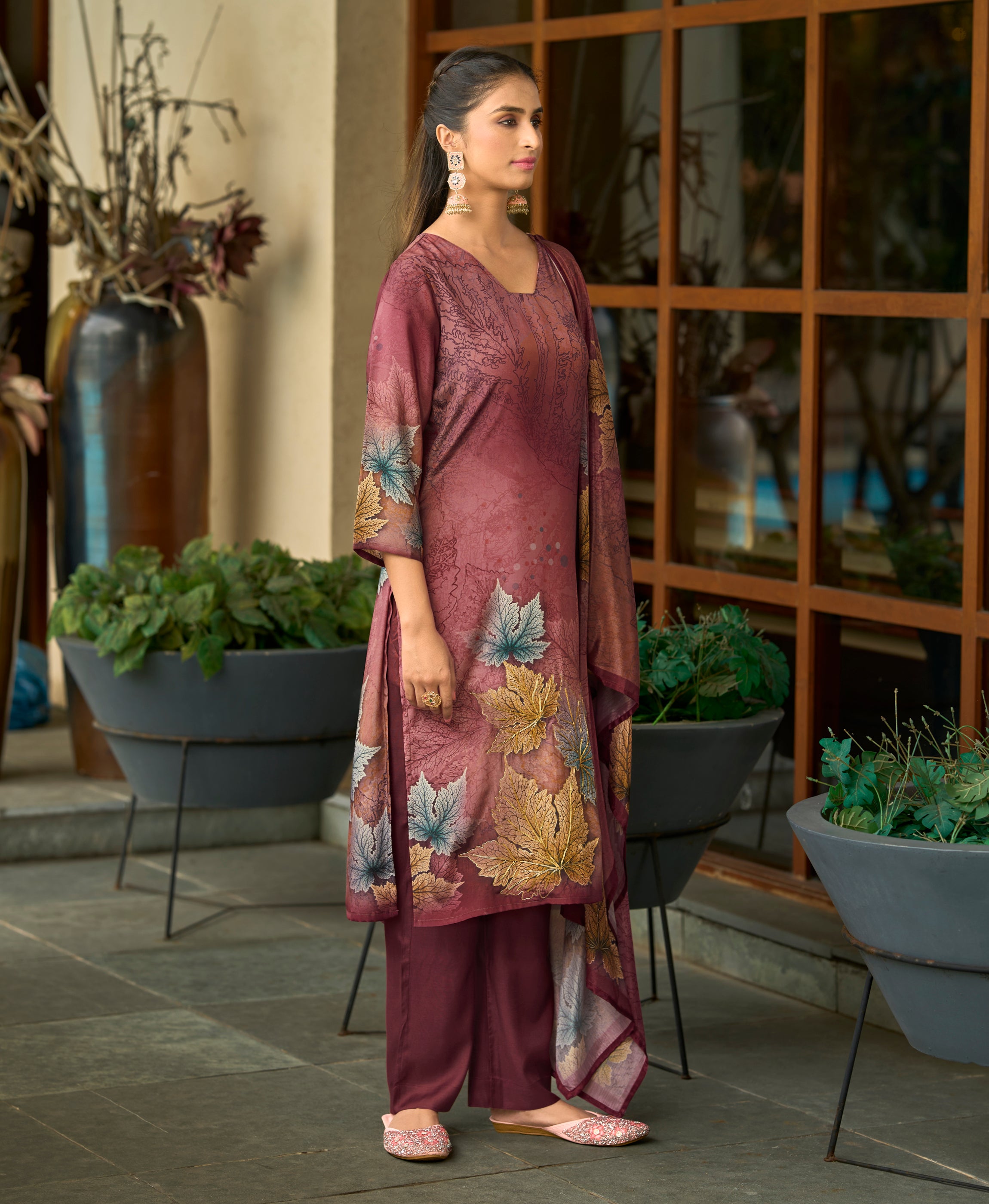 Her Couture Women's Maroon Silk Crepe Floral Printed Straight Kurta With Comfort Fitting Pant & Printed Dupatta